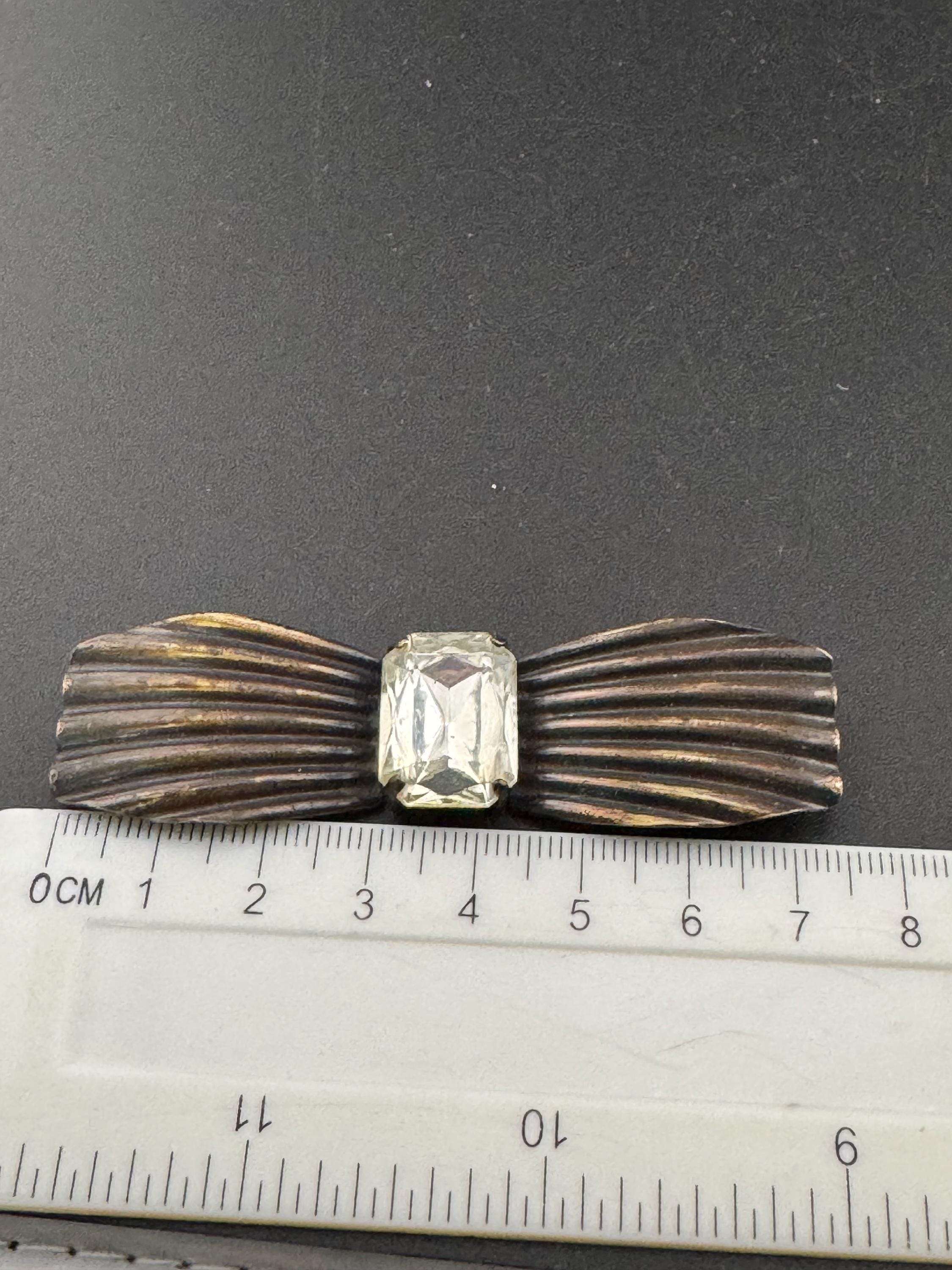 Vintage large antique bronzed gold tone large clear rhinestone diamanté Crystal bow brooch 7cm