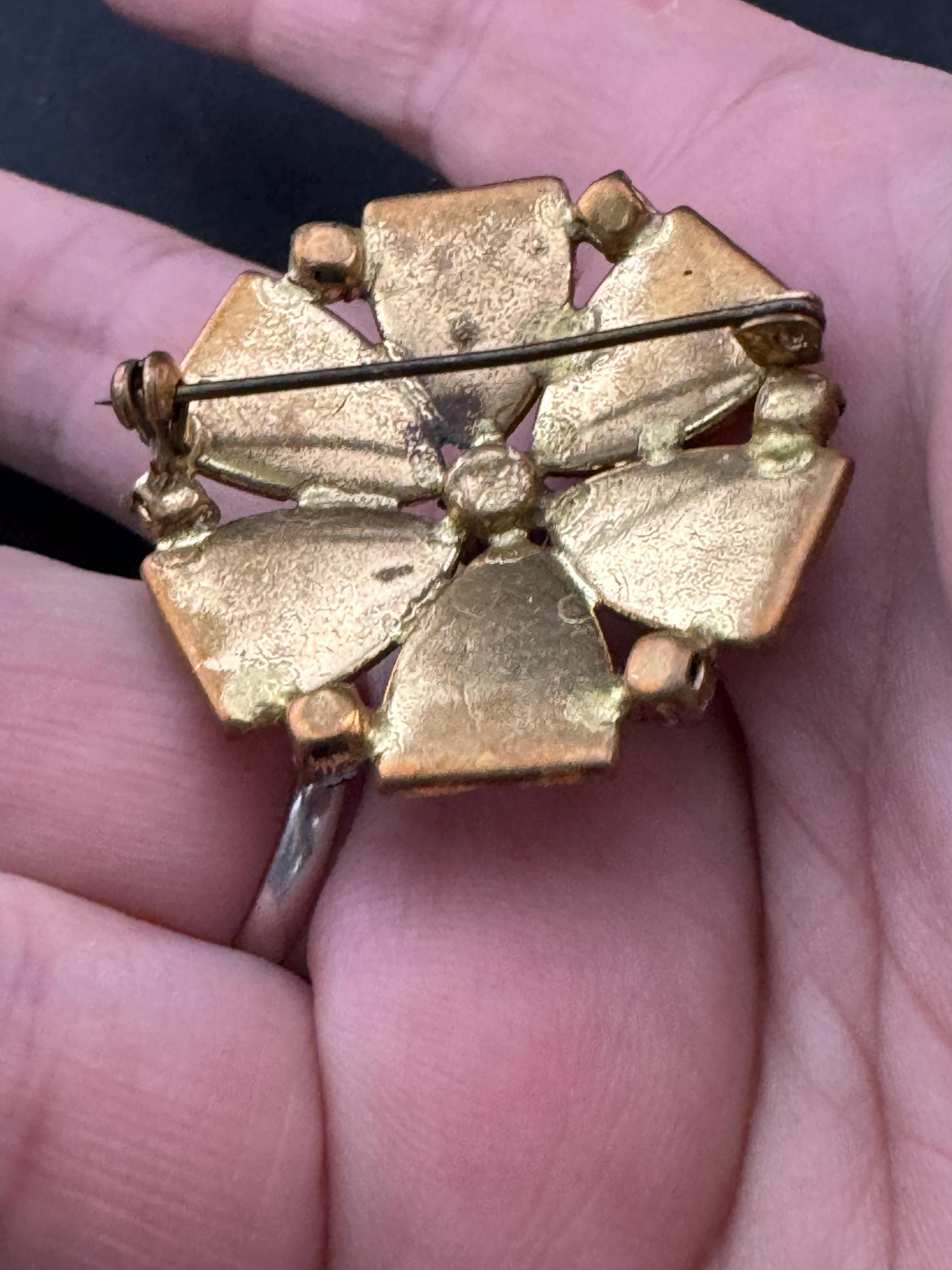 Vintage AB brown pink mirror glass brooch from Austria, 3cm brass back