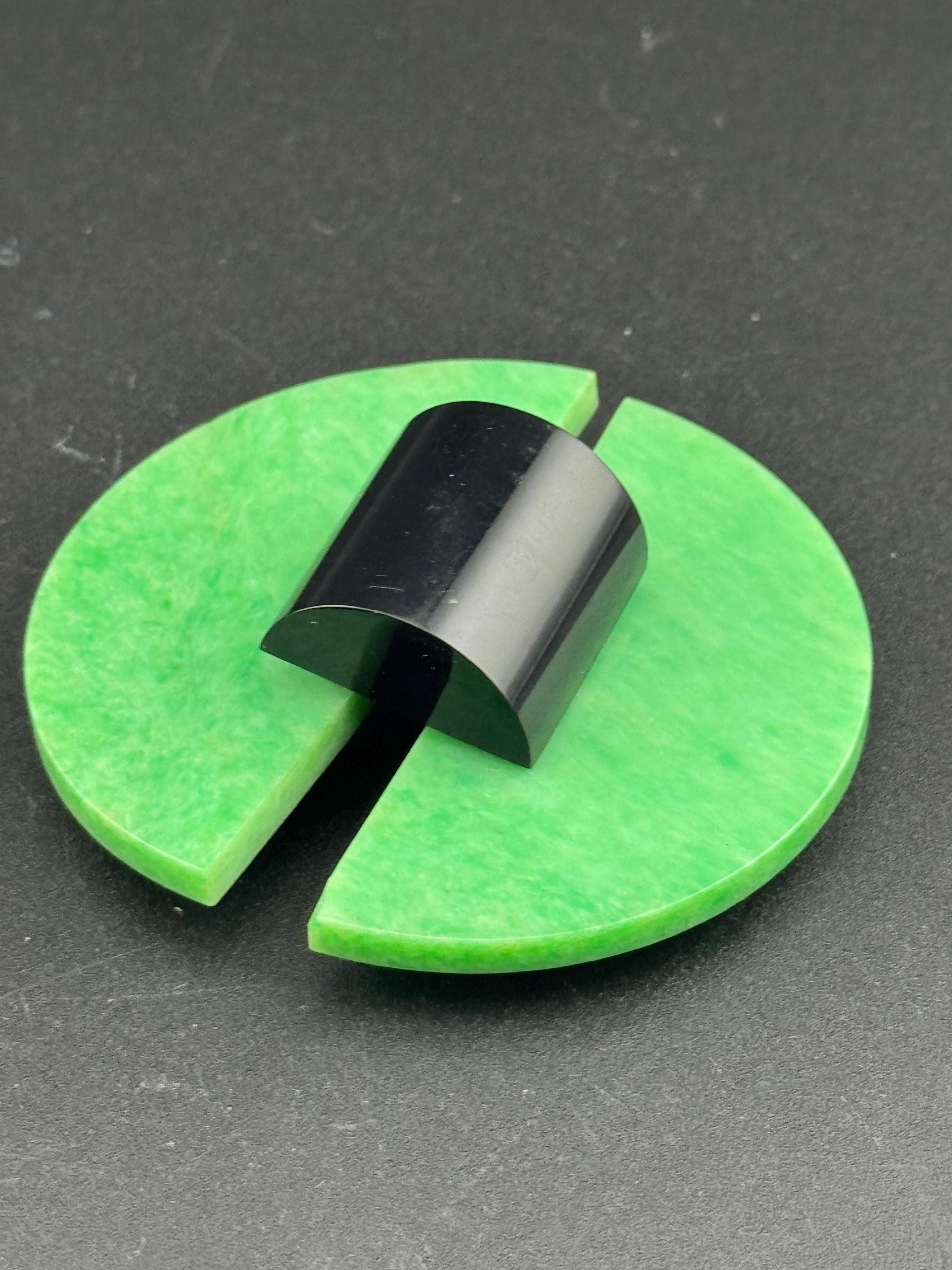 Antique Art Deco Bakelite Belt Buckle: Black & Green Geometric Haberdashery