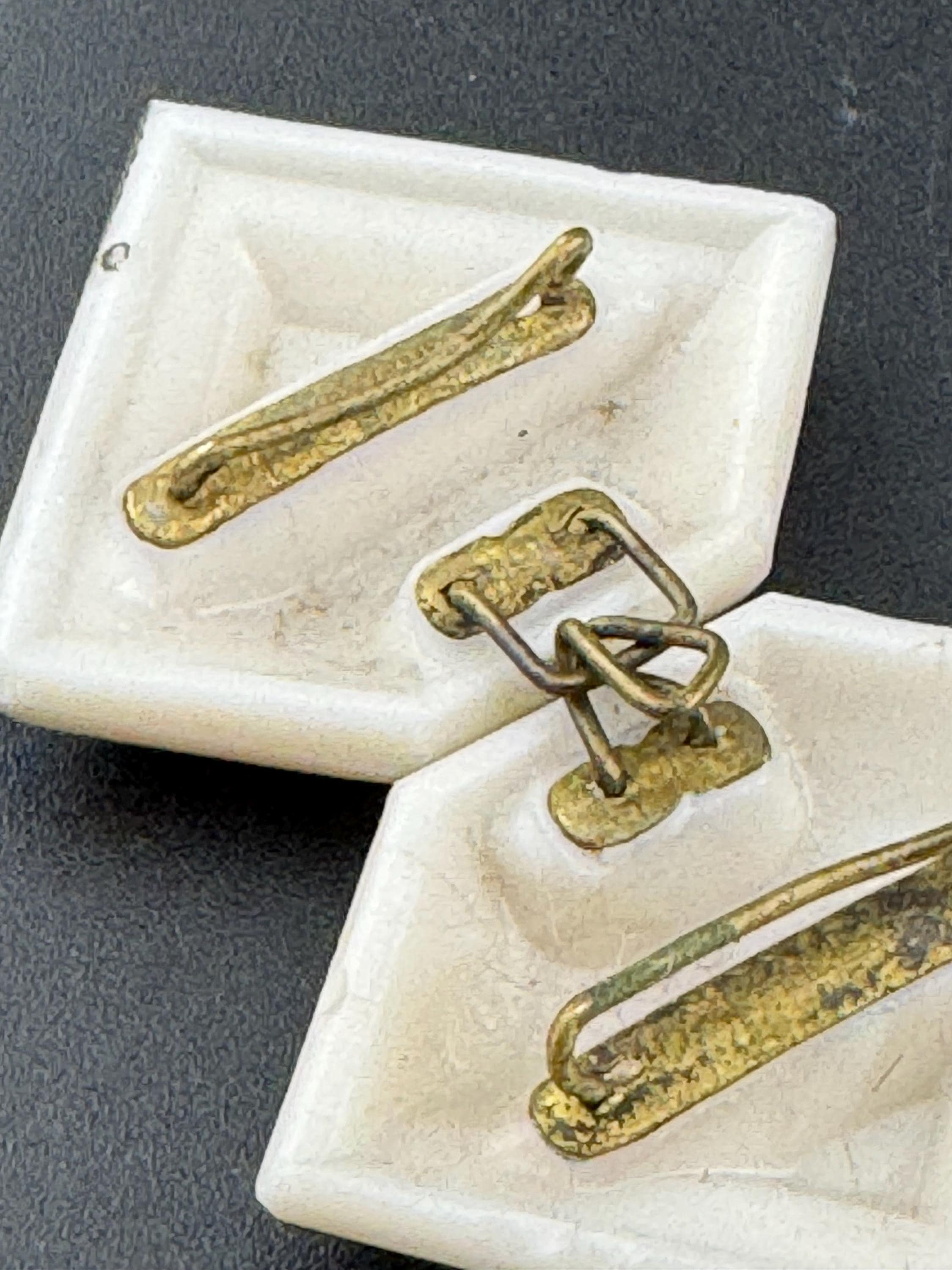 Czech glass Antique Art Deco off white and black striped edge 2 part double Belt Buckle monochrome
