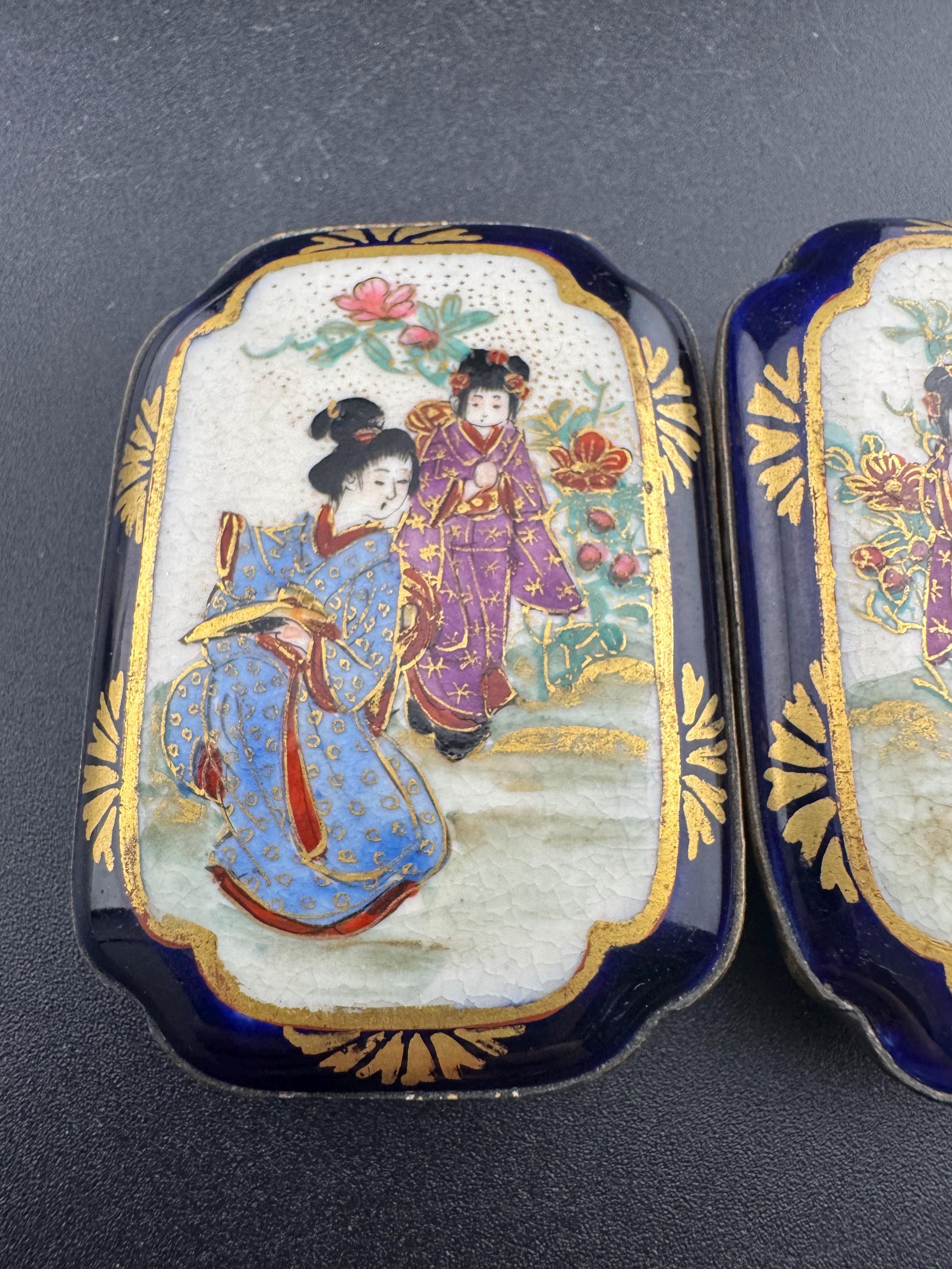antique Japanese hallmarked silver Meiji period satsuma ware porcelain 2 part large belt buckles 1868-1928 period