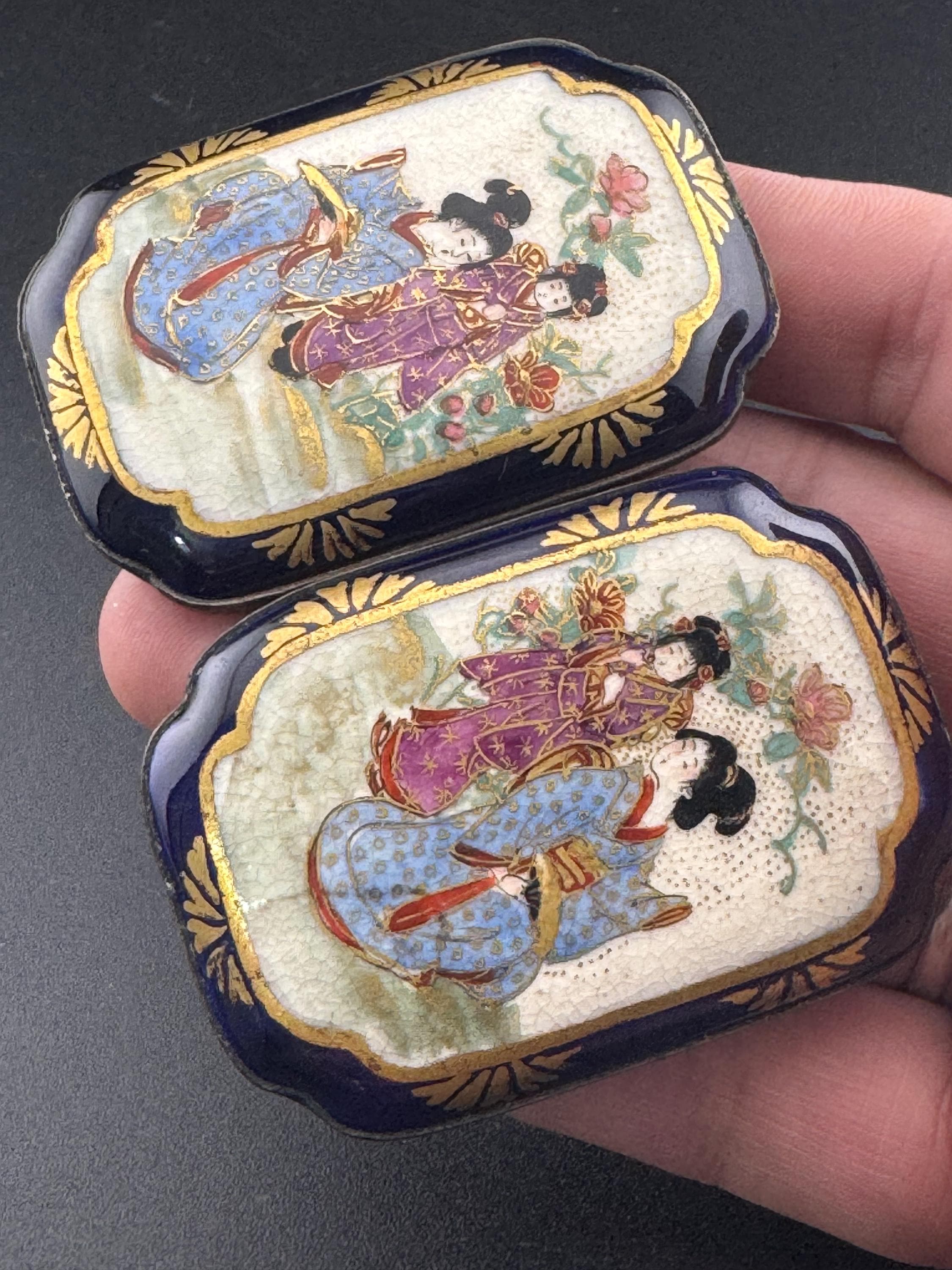 antique Japanese hallmarked silver Meiji period satsuma ware porcelain 2 part large belt buckles 1868-1928 period