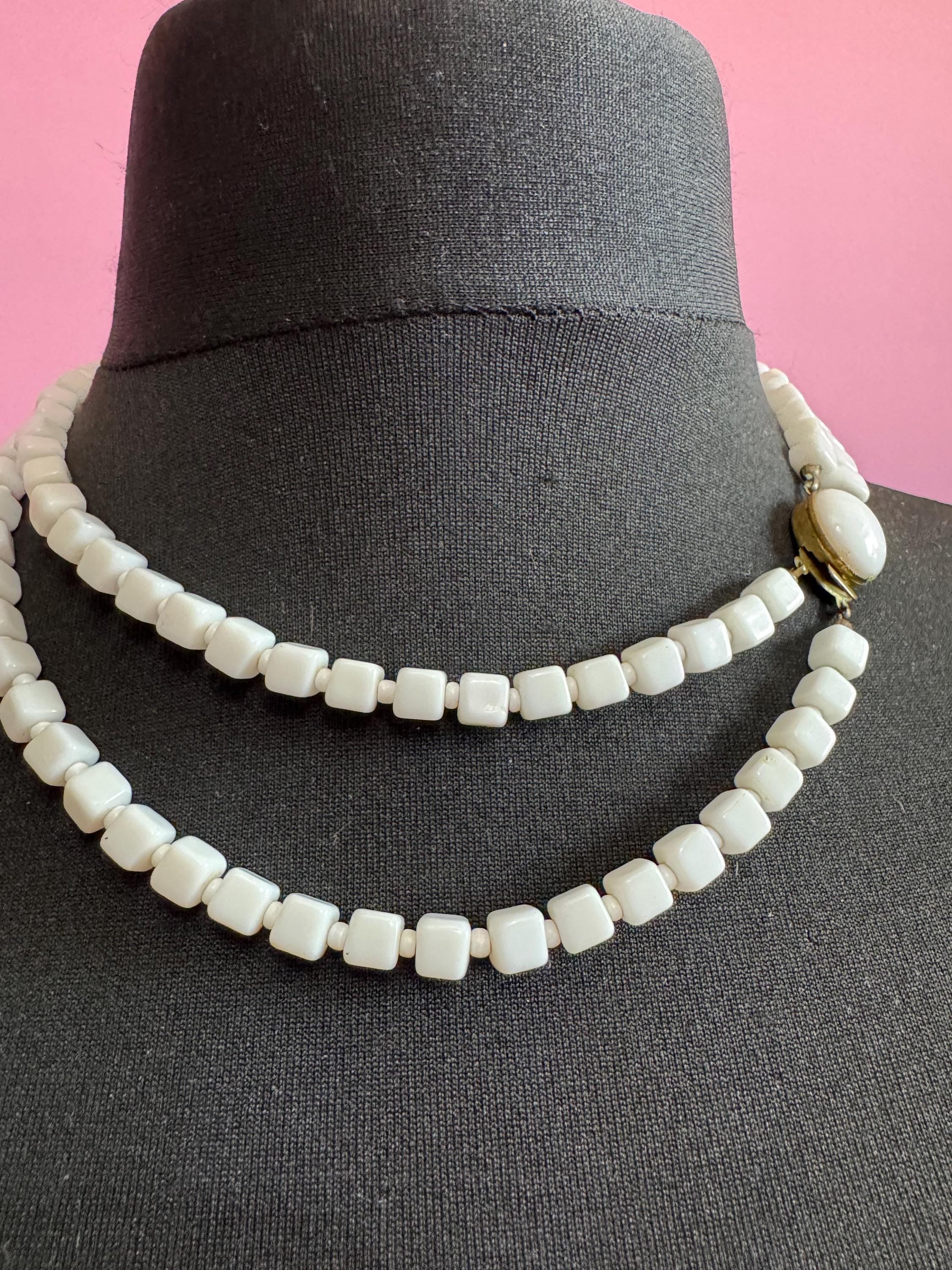 Vintage 2 row White milk glass square beaded layering collar necklace