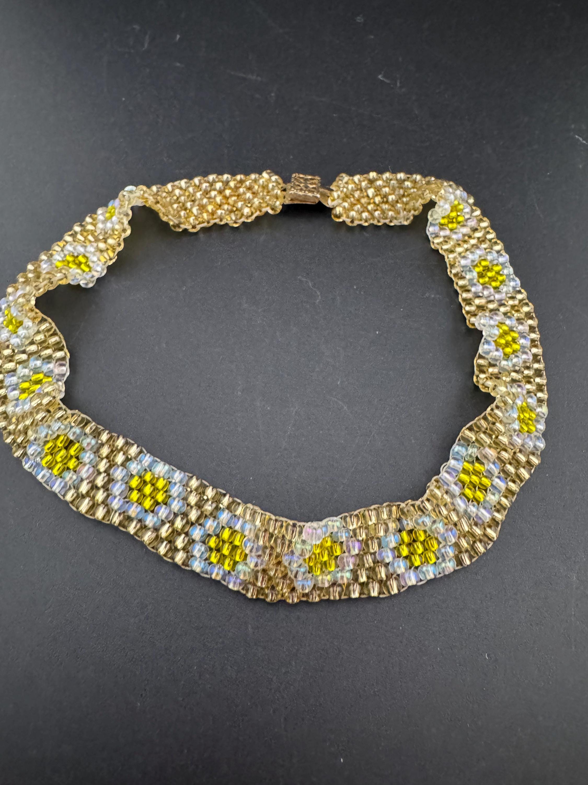 Petite 33cm very slim neck Vintage yellow daisy woven seed beaded choker necklace