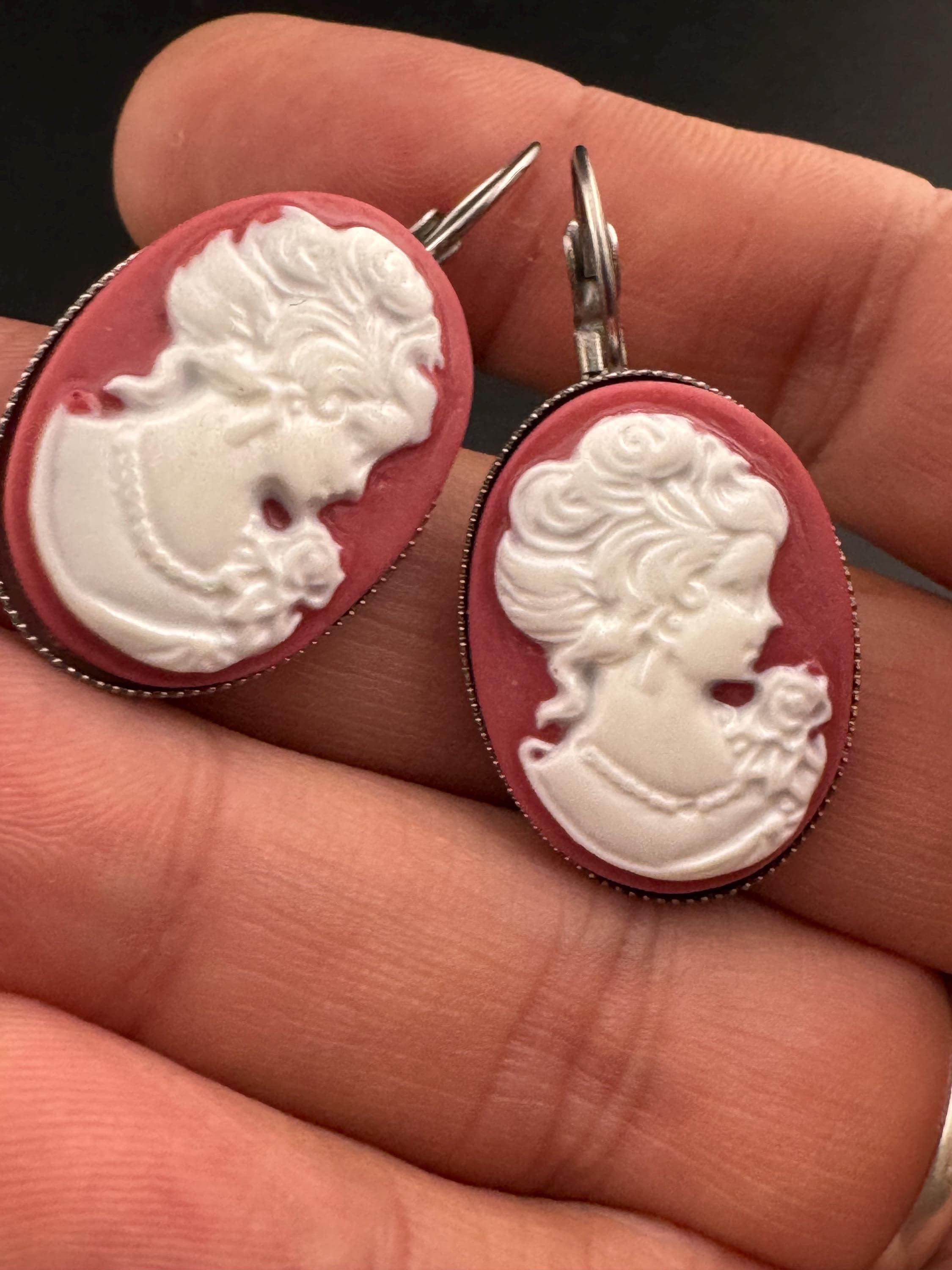 Terracotta Cameo Earrings: Handmade Resin Lady Stainless Steel Drops