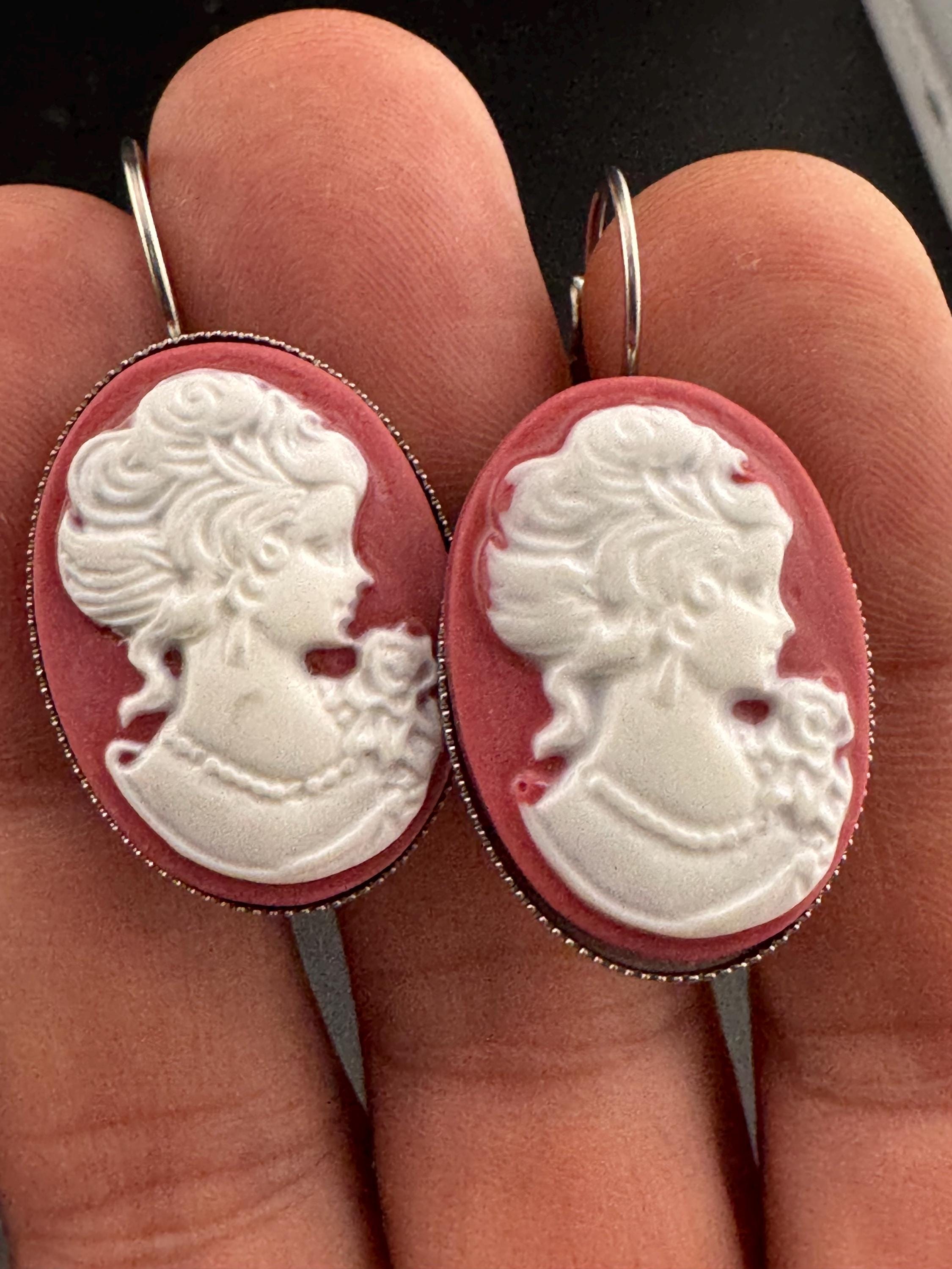 Terracotta Cameo Earrings: Handmade Resin Lady Stainless Steel Drops