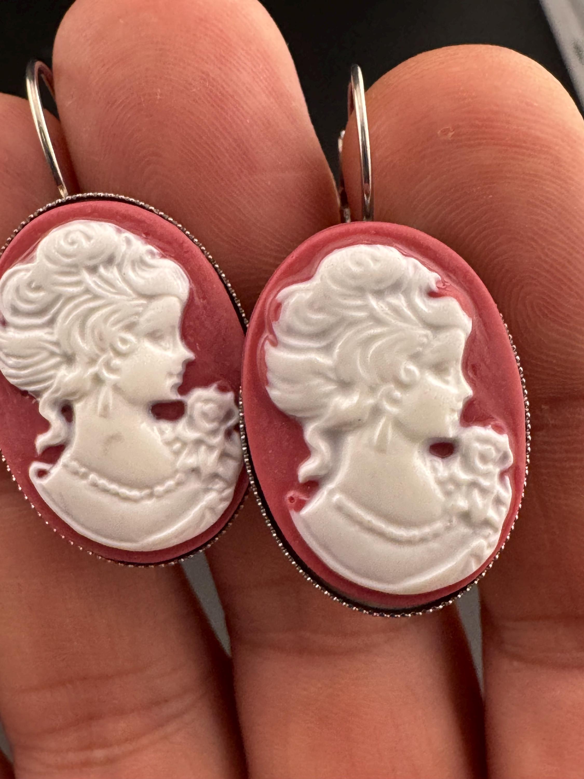 Terracotta Cameo Earrings: Handmade Resin Lady Stainless Steel Drops