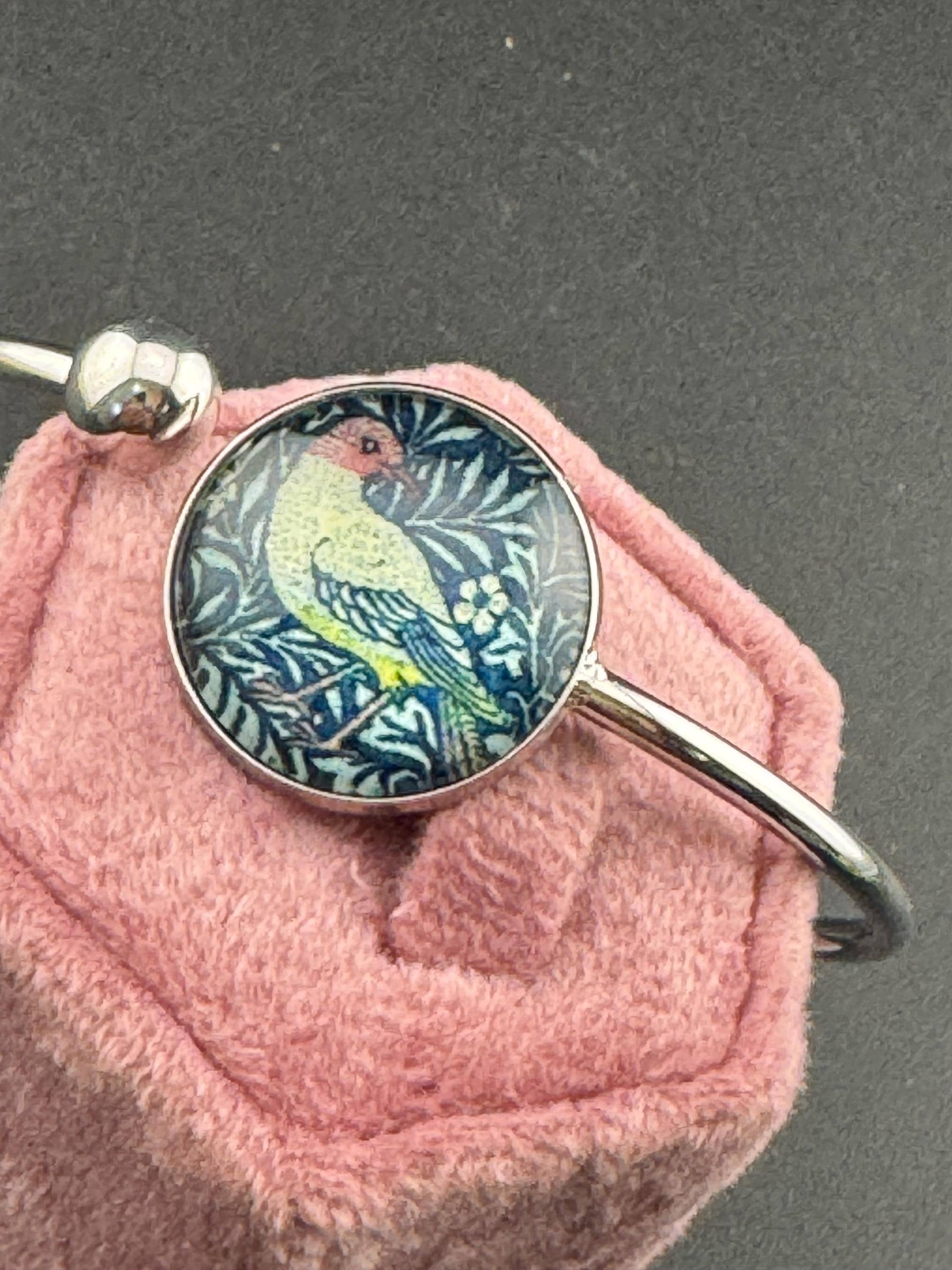 William morris print stainless steel glass cabochon bangle bracelet