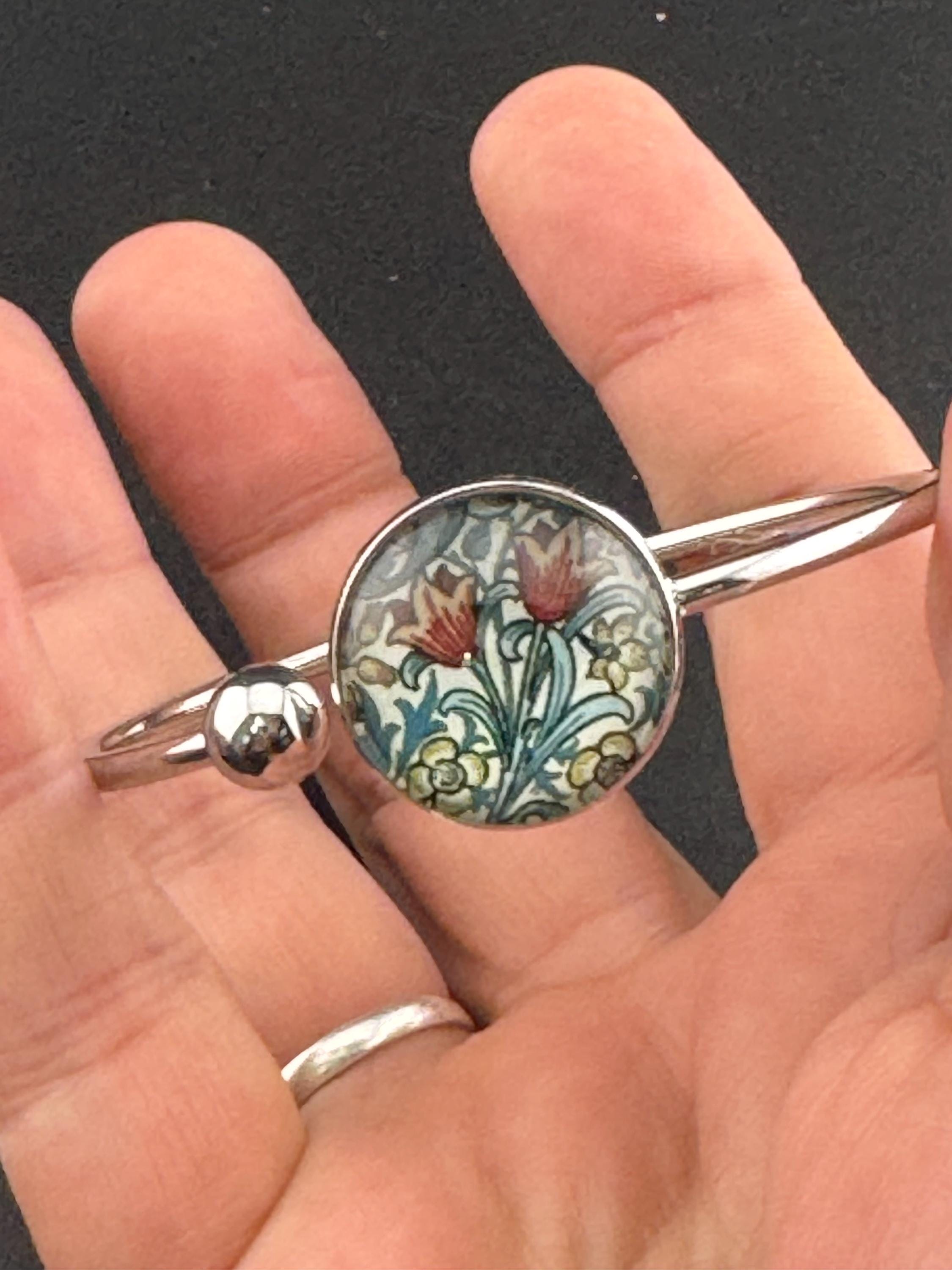 William morris tulip print stainless steel glass cabochon bangle bracelet