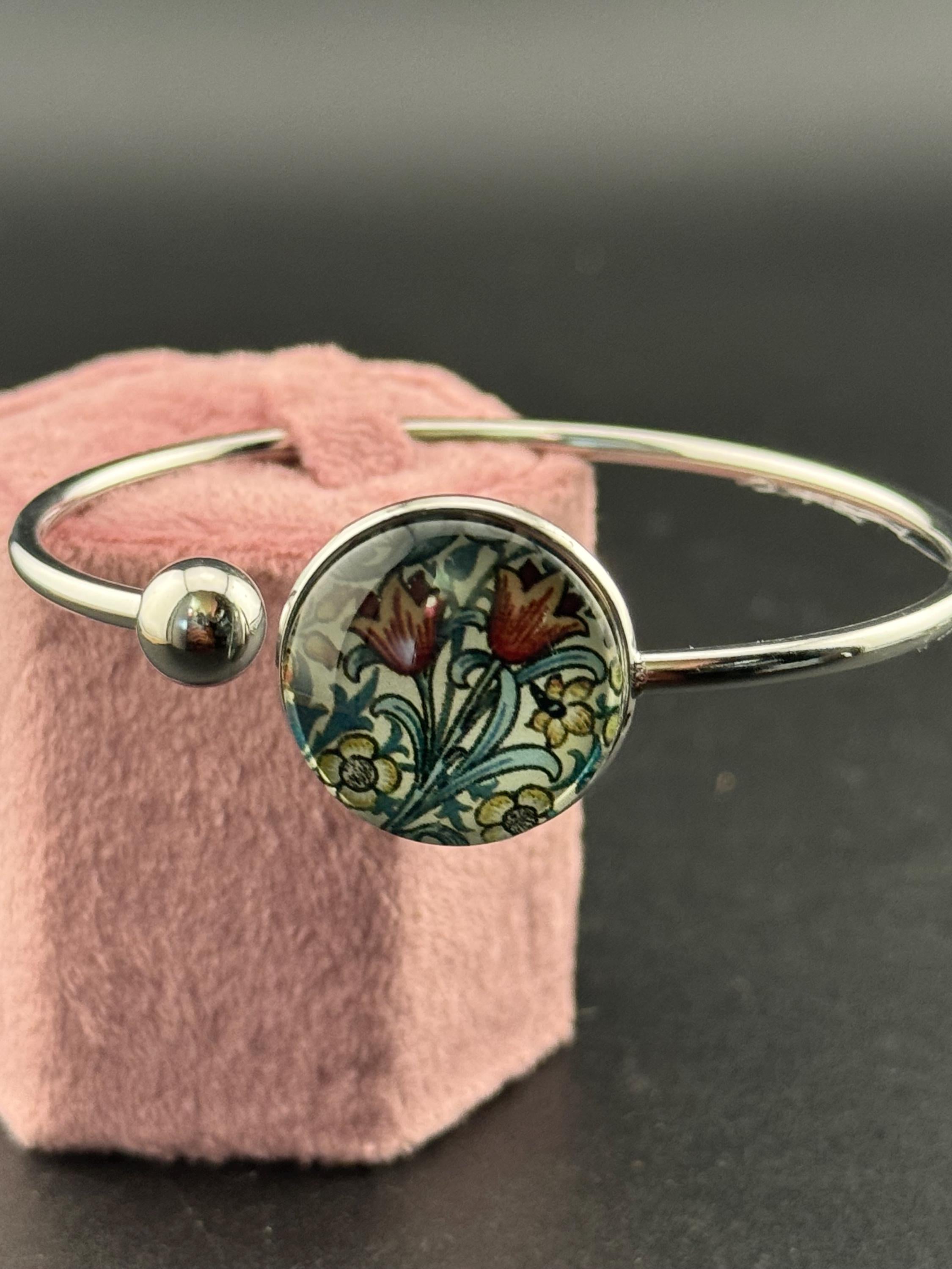 William morris tulip print stainless steel glass cabochon bangle bracelet