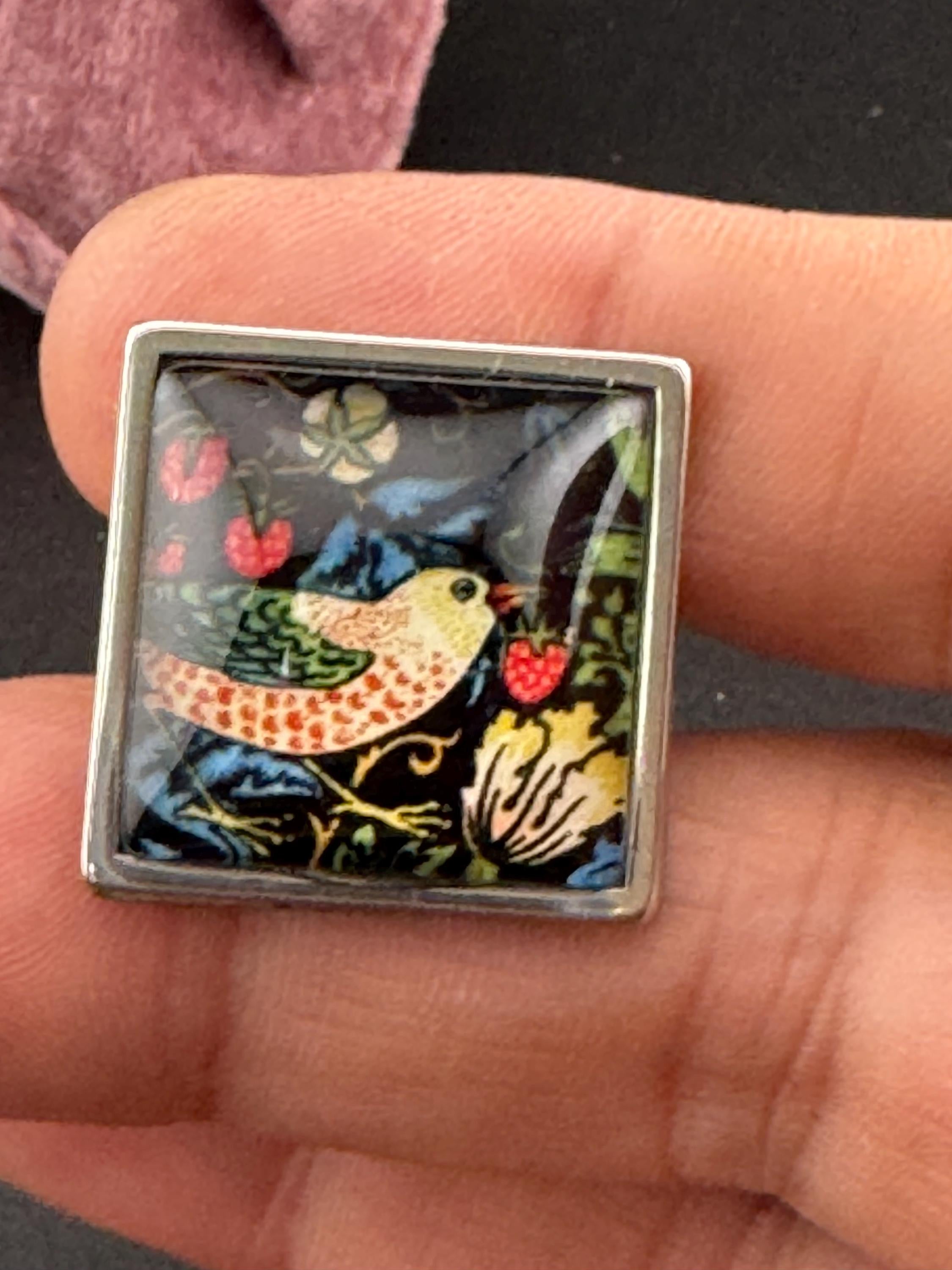Oversized William Morris print strawberry thief ring BIRD design square glass cabochon adjustable 2cm