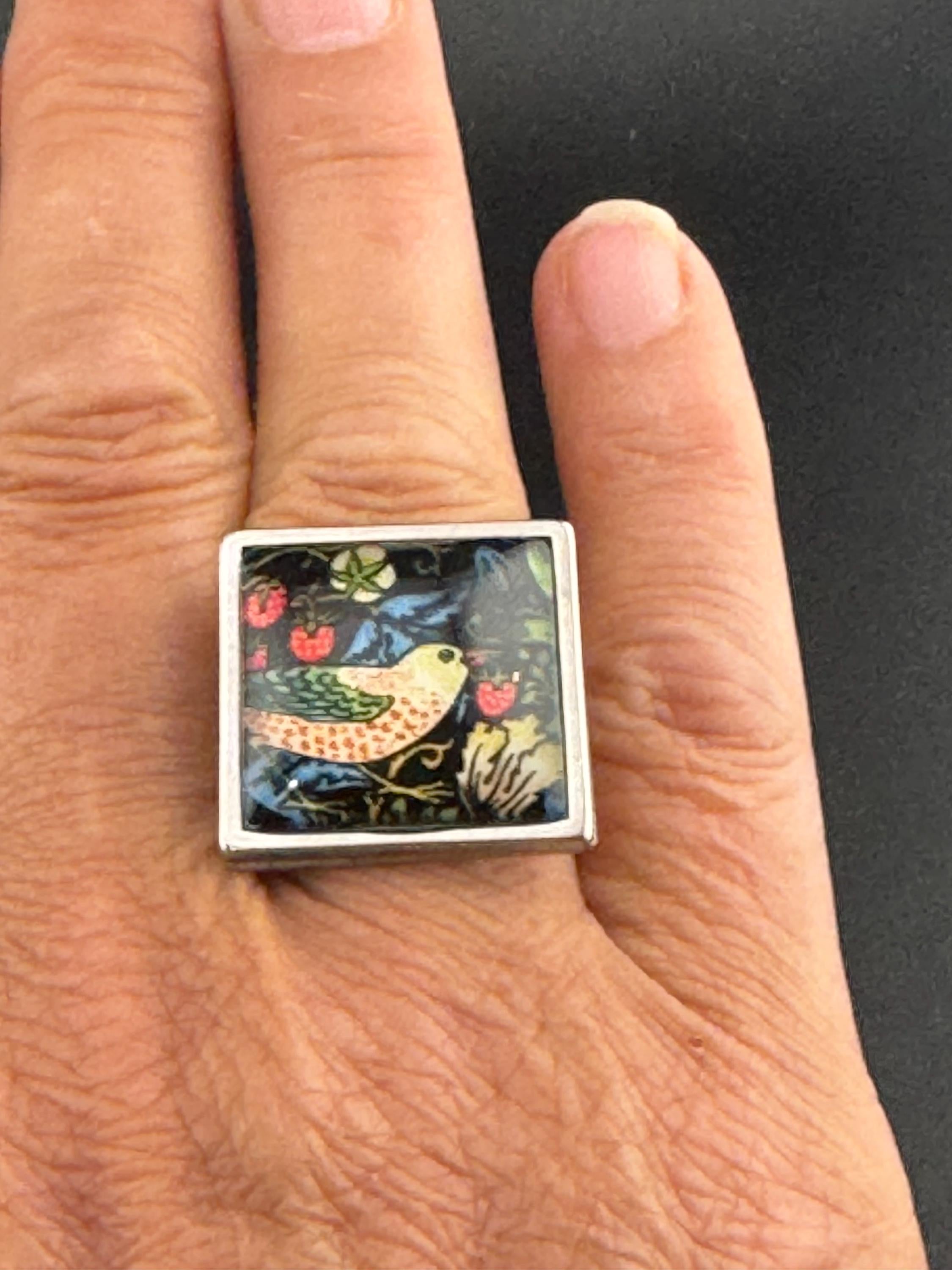 Oversized William Morris print strawberry thief ring BIRD design square glass cabochon adjustable 2cm