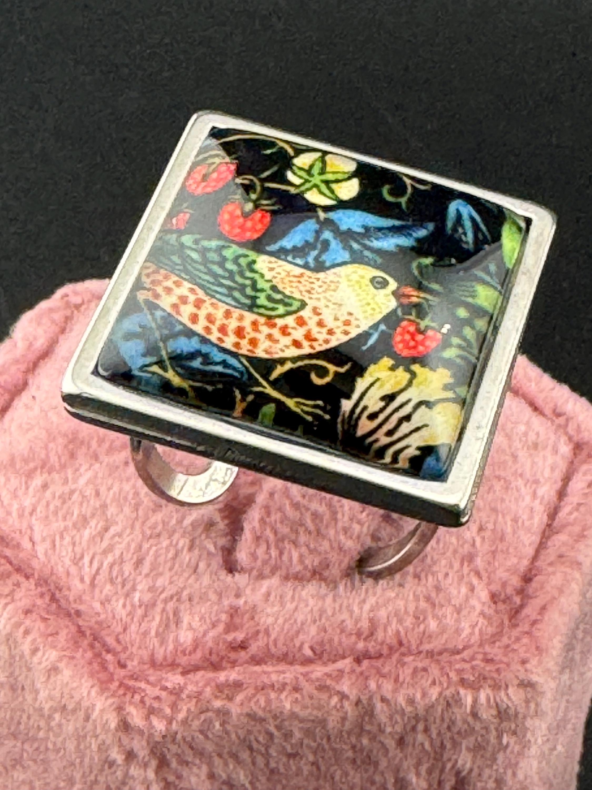 Oversized William Morris print strawberry thief ring BIRD design square glass cabochon adjustable 2cm