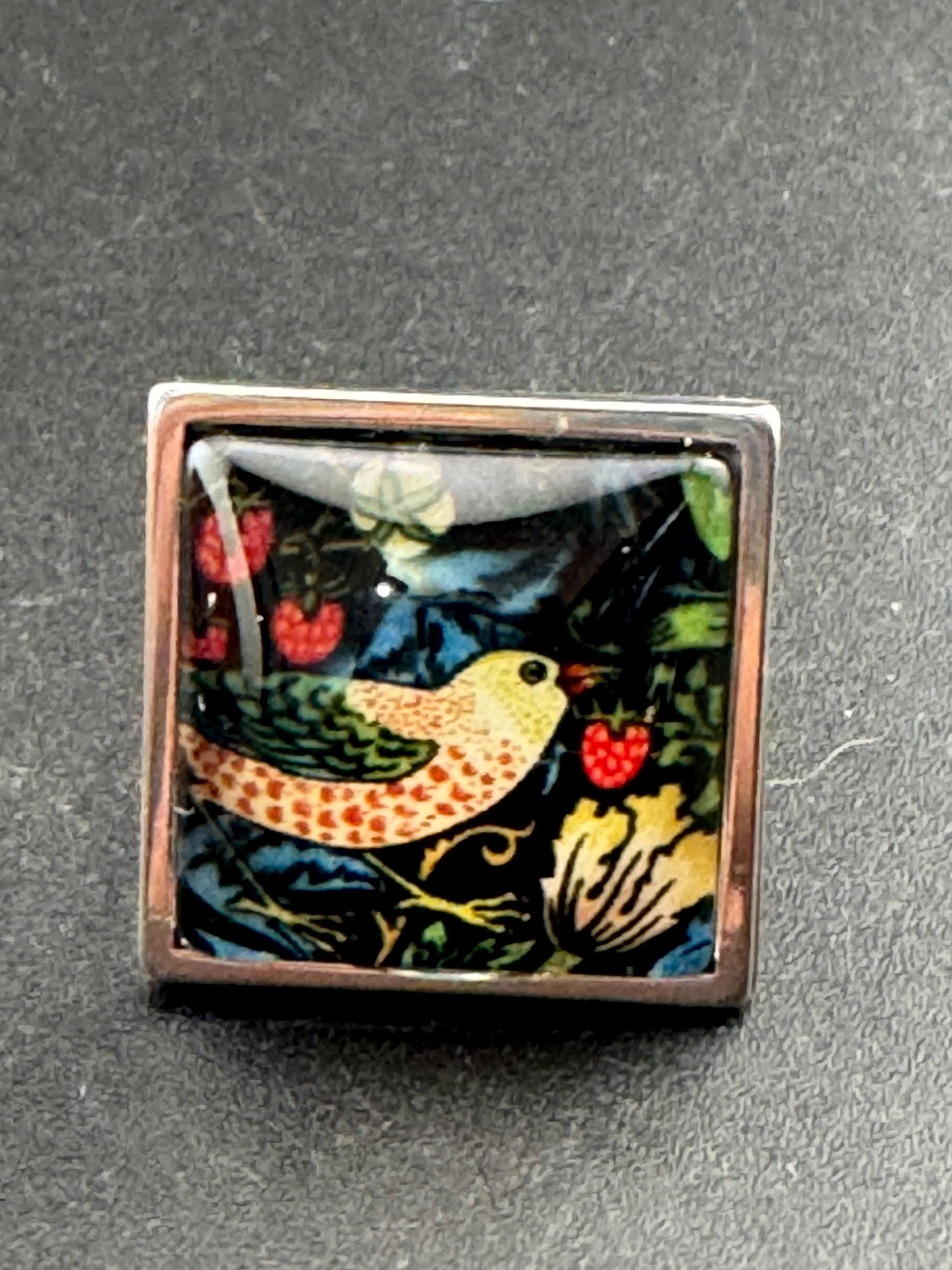 Oversized William Morris print strawberry thief ring BIRD design square glass cabochon adjustable 2cm