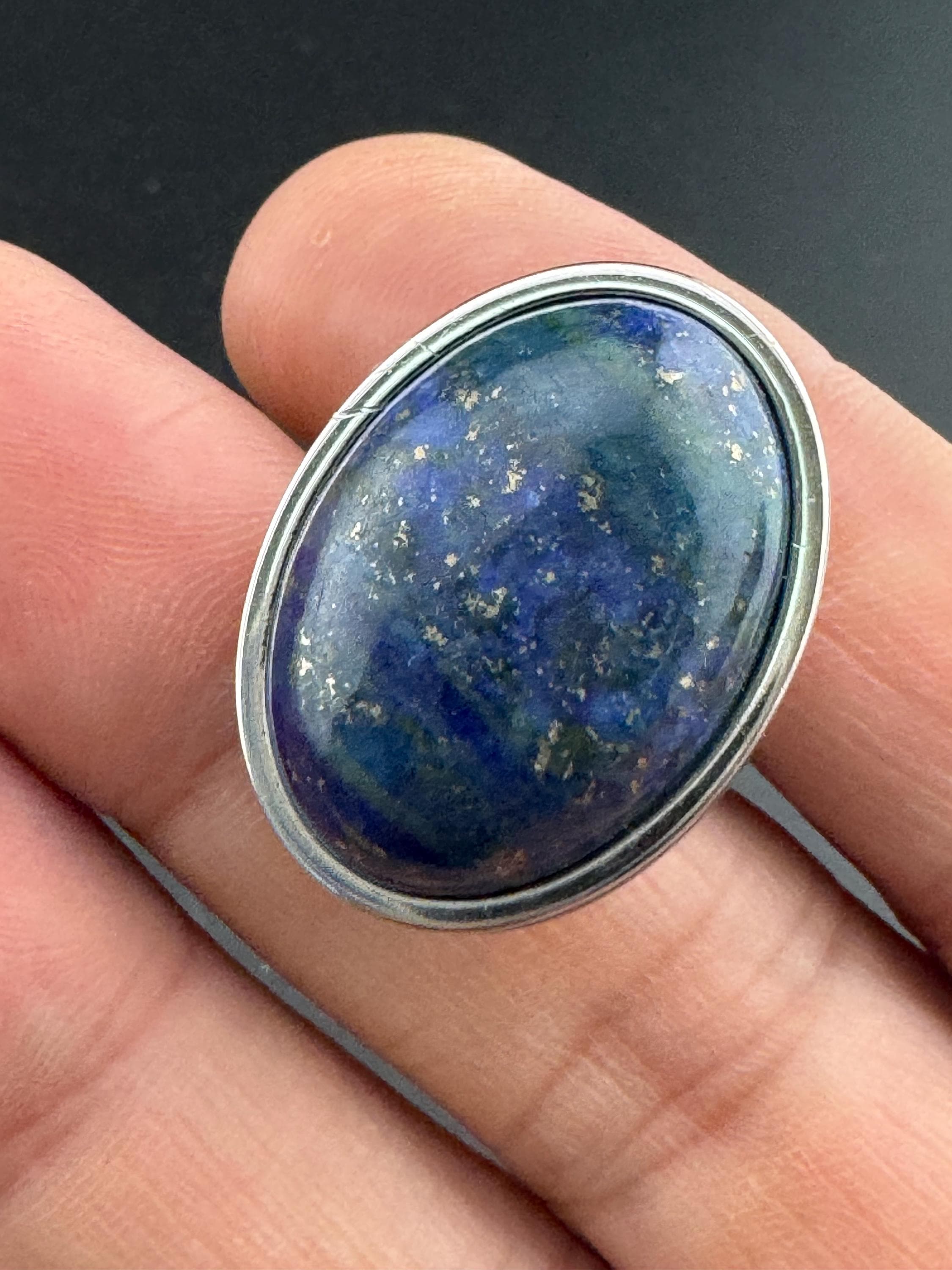 Oversized Oval Lapis Lazuli Ring: Stainless Steel Adjustable Fit