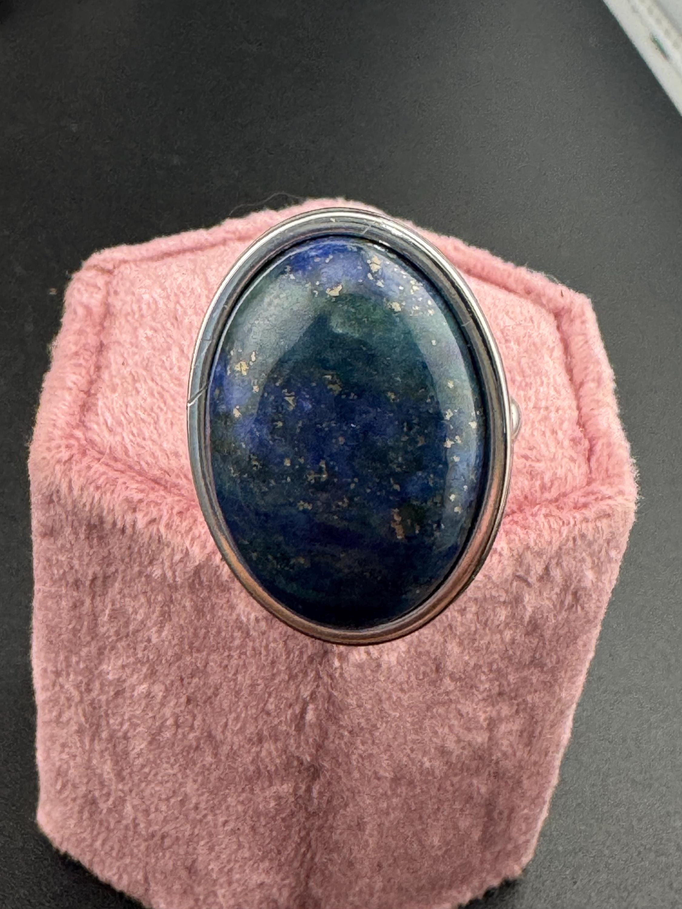 Oversized Oval Lapis Lazuli Ring: Stainless Steel Adjustable Fit