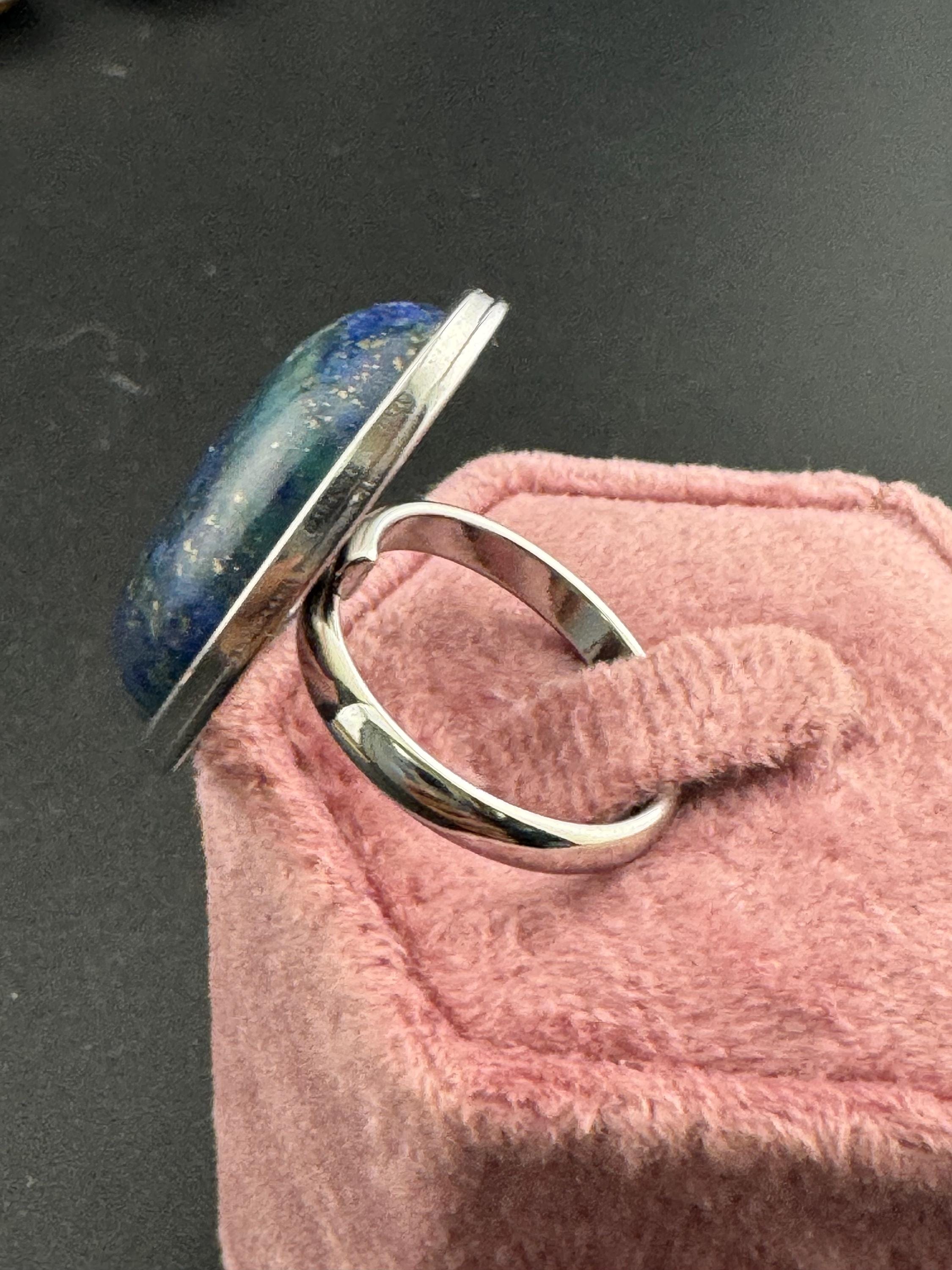 Oversized Oval Lapis Lazuli Ring: Stainless Steel Adjustable Fit