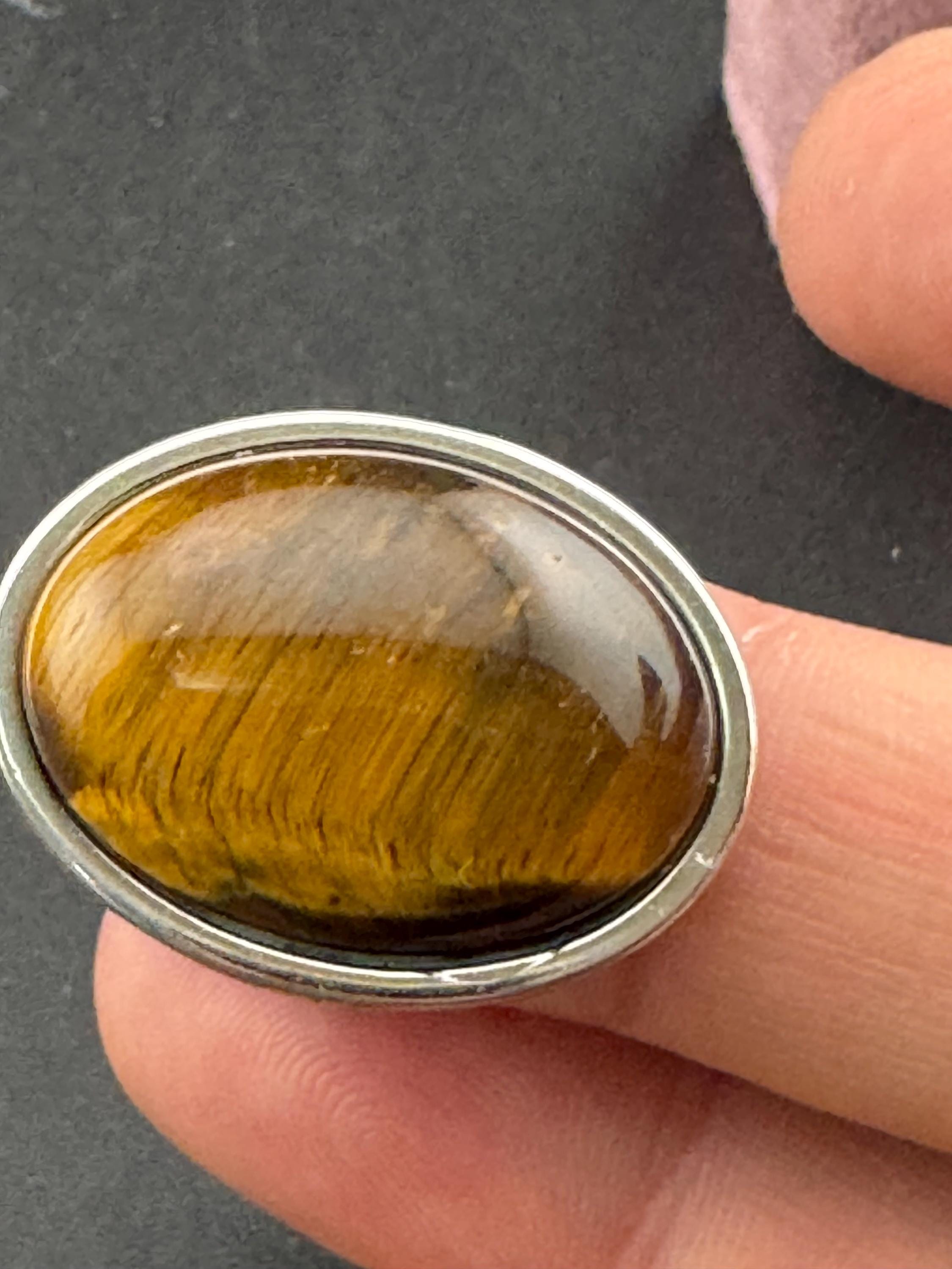 Oversized Oval Tigers Eye Ring: Adjustable Stainless Steel
