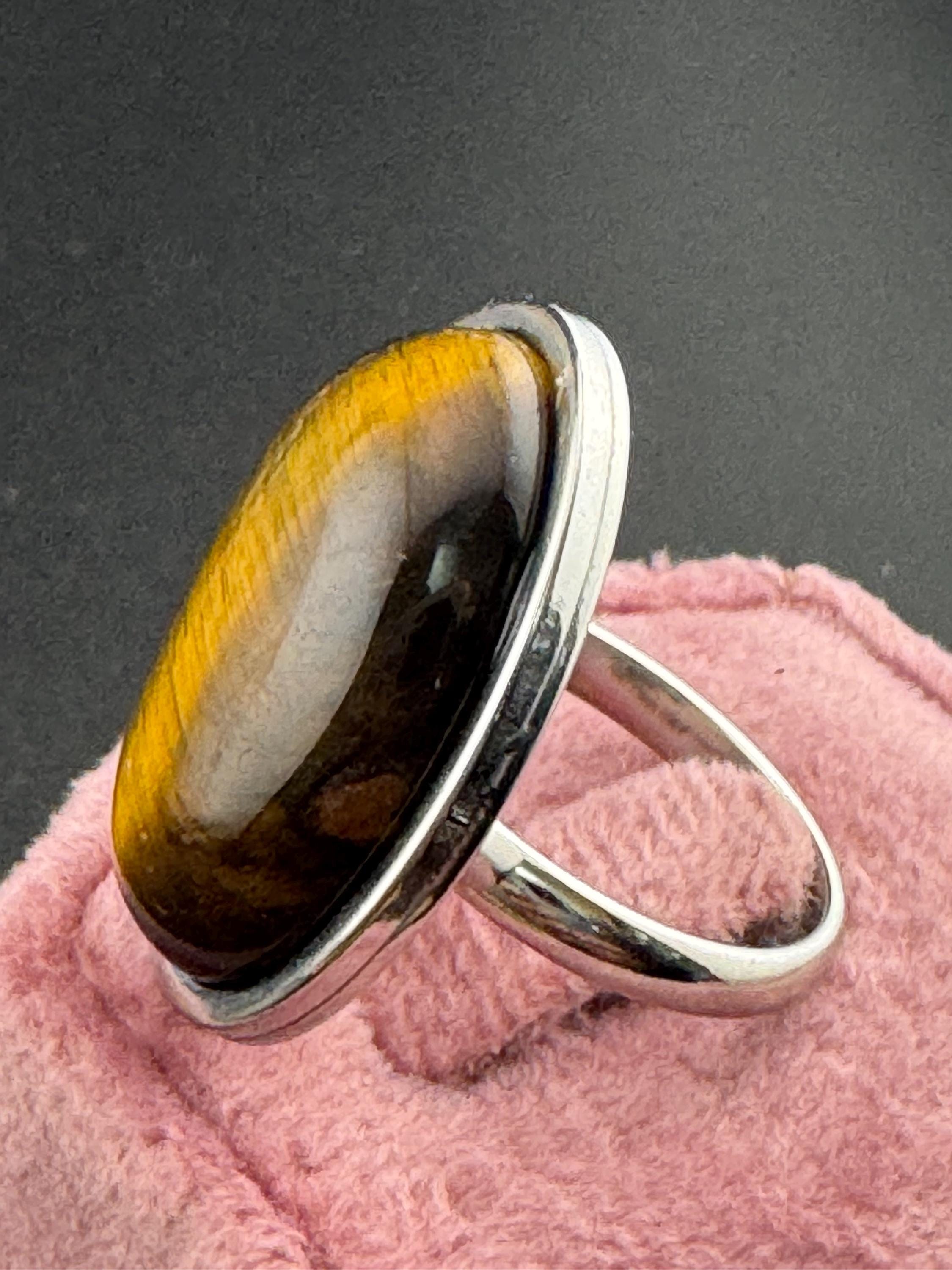 Oversized Oval Tigers Eye Ring: Adjustable Stainless Steel