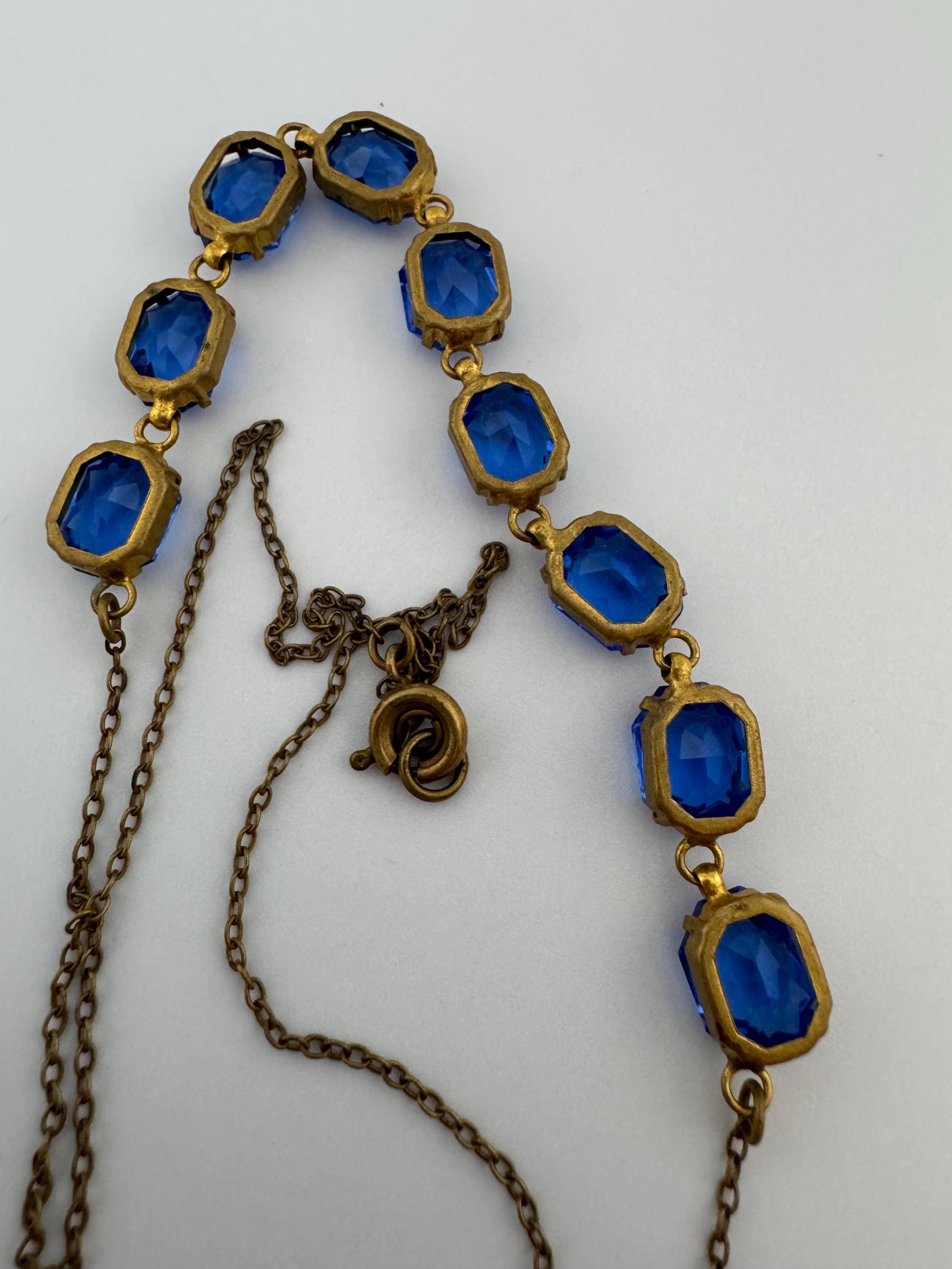 Art Deco Czech Open Back sapphire blue Crystal Gold tone bezel Necklace