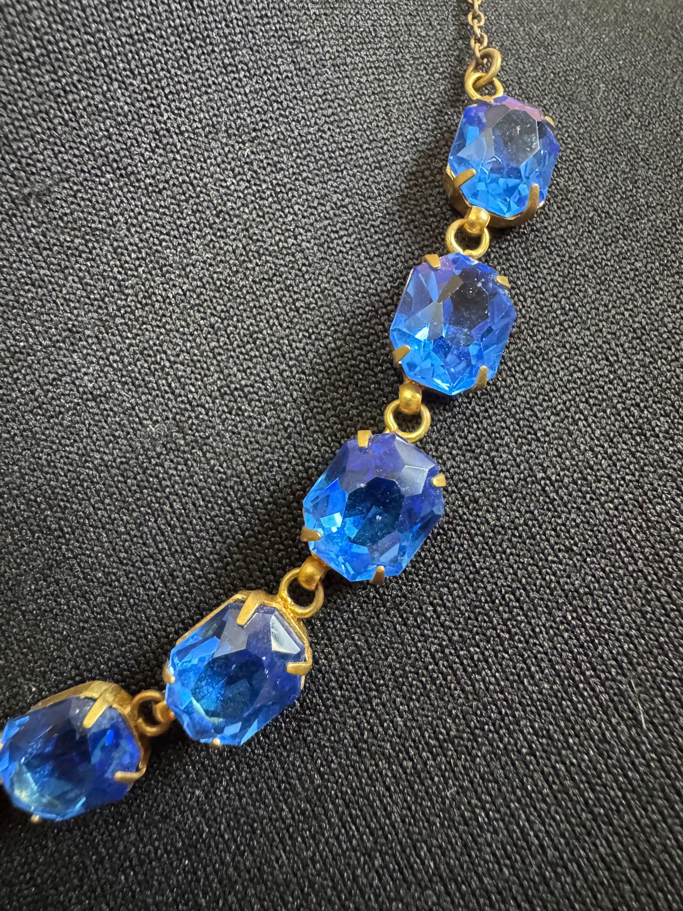 Art Deco Czech Open Back sapphire blue Crystal Gold tone bezel Necklace