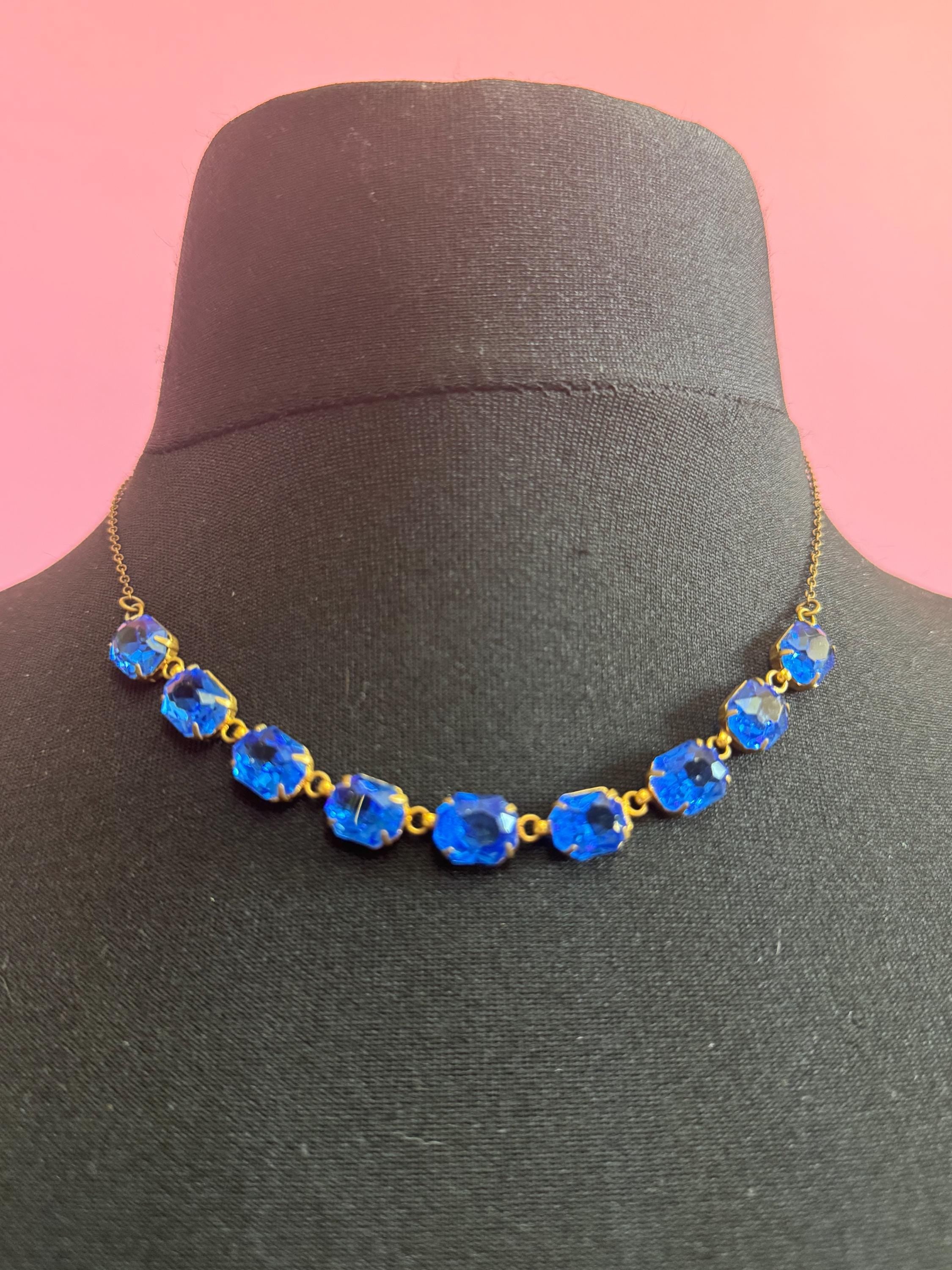 Art Deco Czech Open Back sapphire blue Crystal Gold tone bezel Necklace