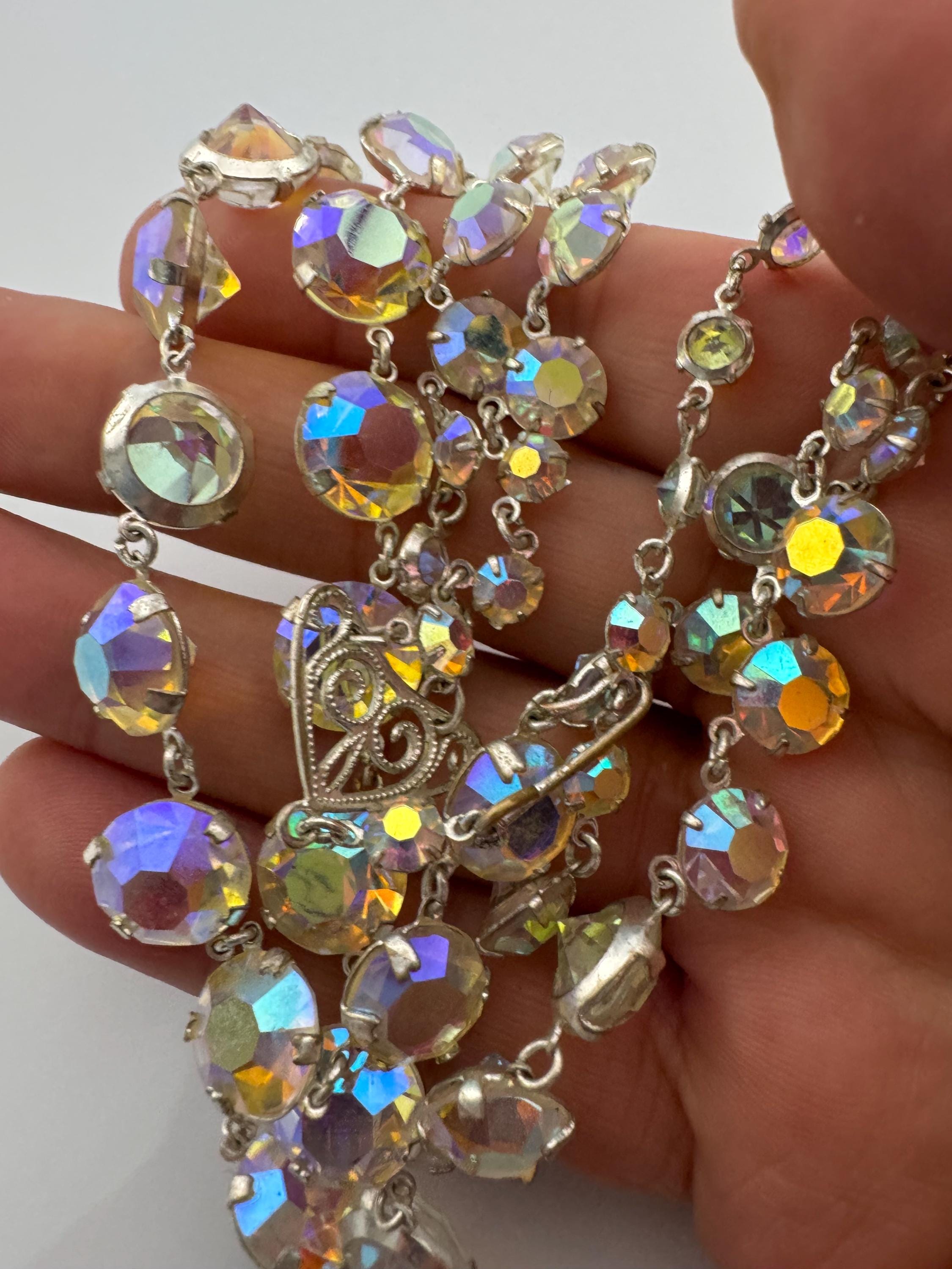 AB Aurora borealis rainbow glass necklace open back crystal rivière bezel set 2 row