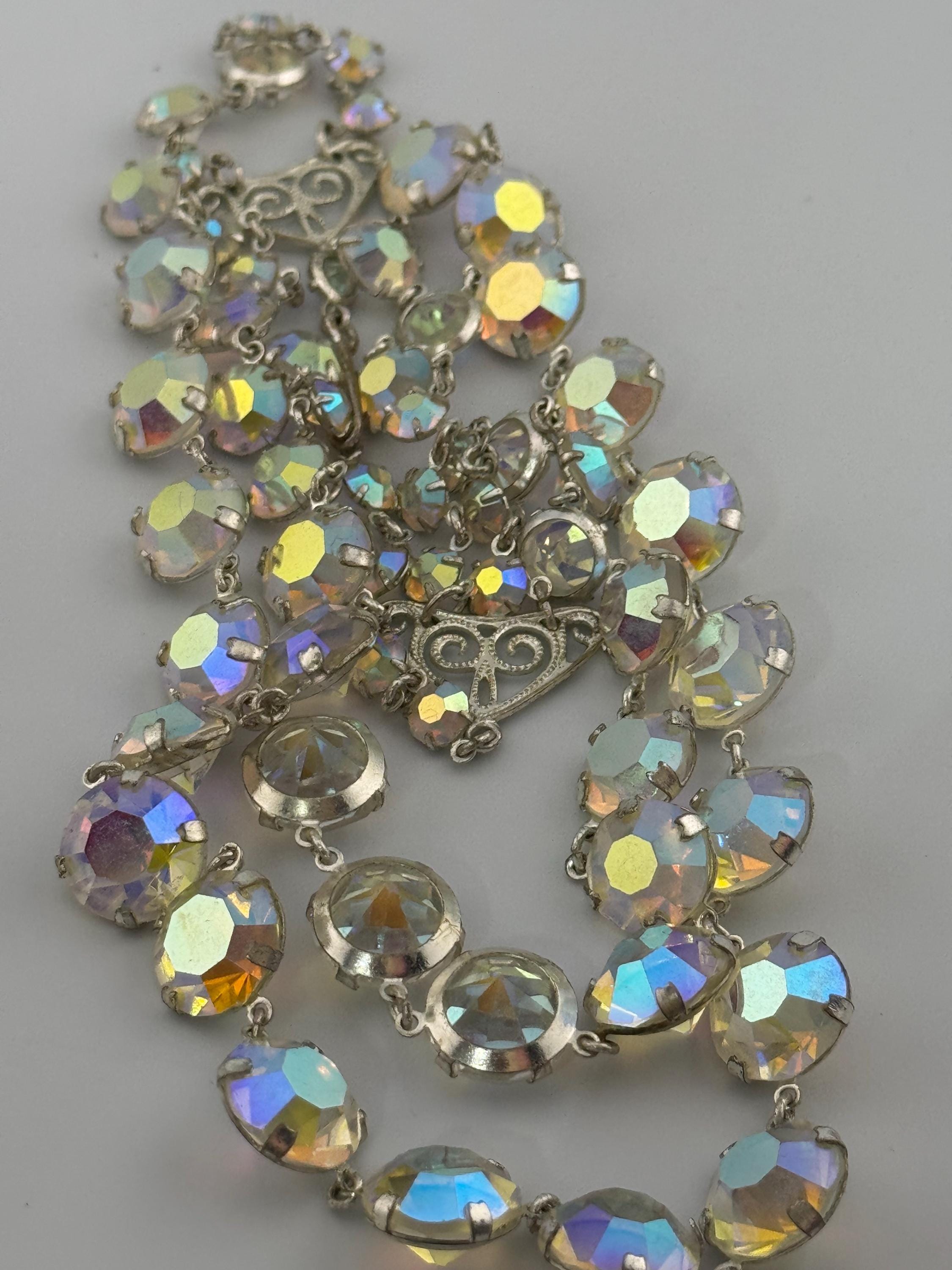 AB Aurora borealis rainbow glass necklace open back crystal rivière bezel set 2 row
