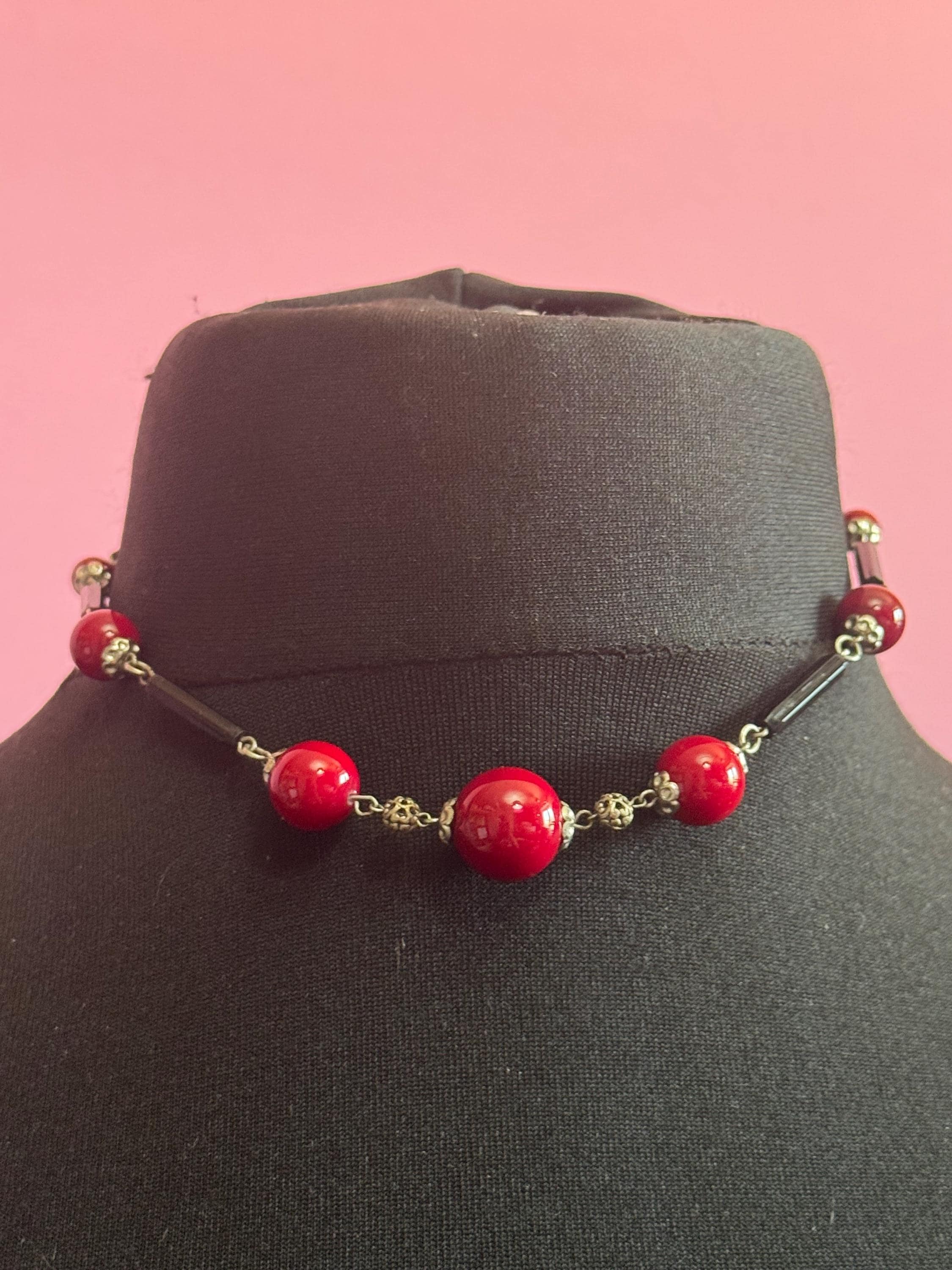 Czech silver Chromed red and black glass beaded necklace 1920s art deco 41cm