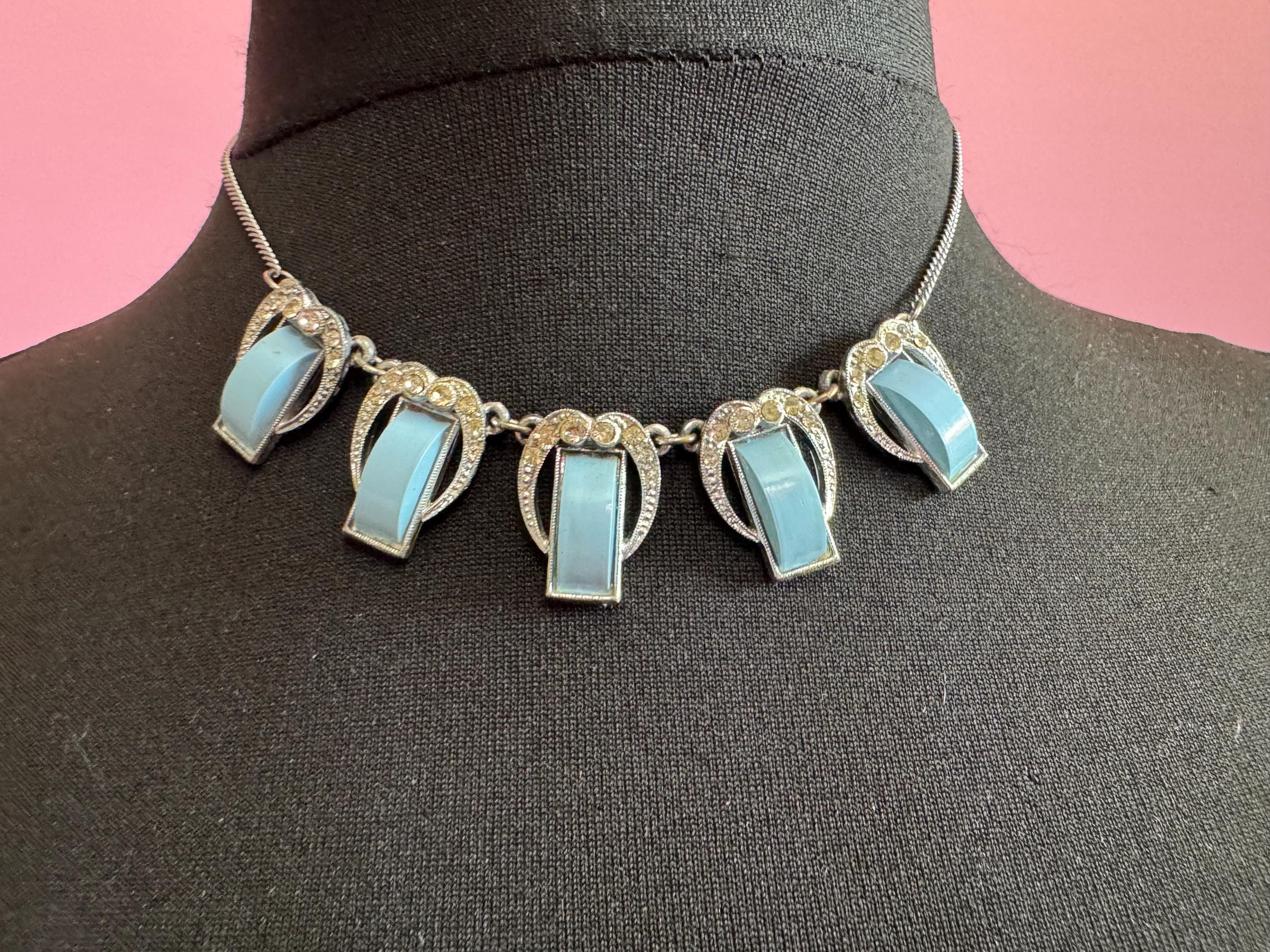 Art Deco Galalith & Rhinestone Panel Link Necklace