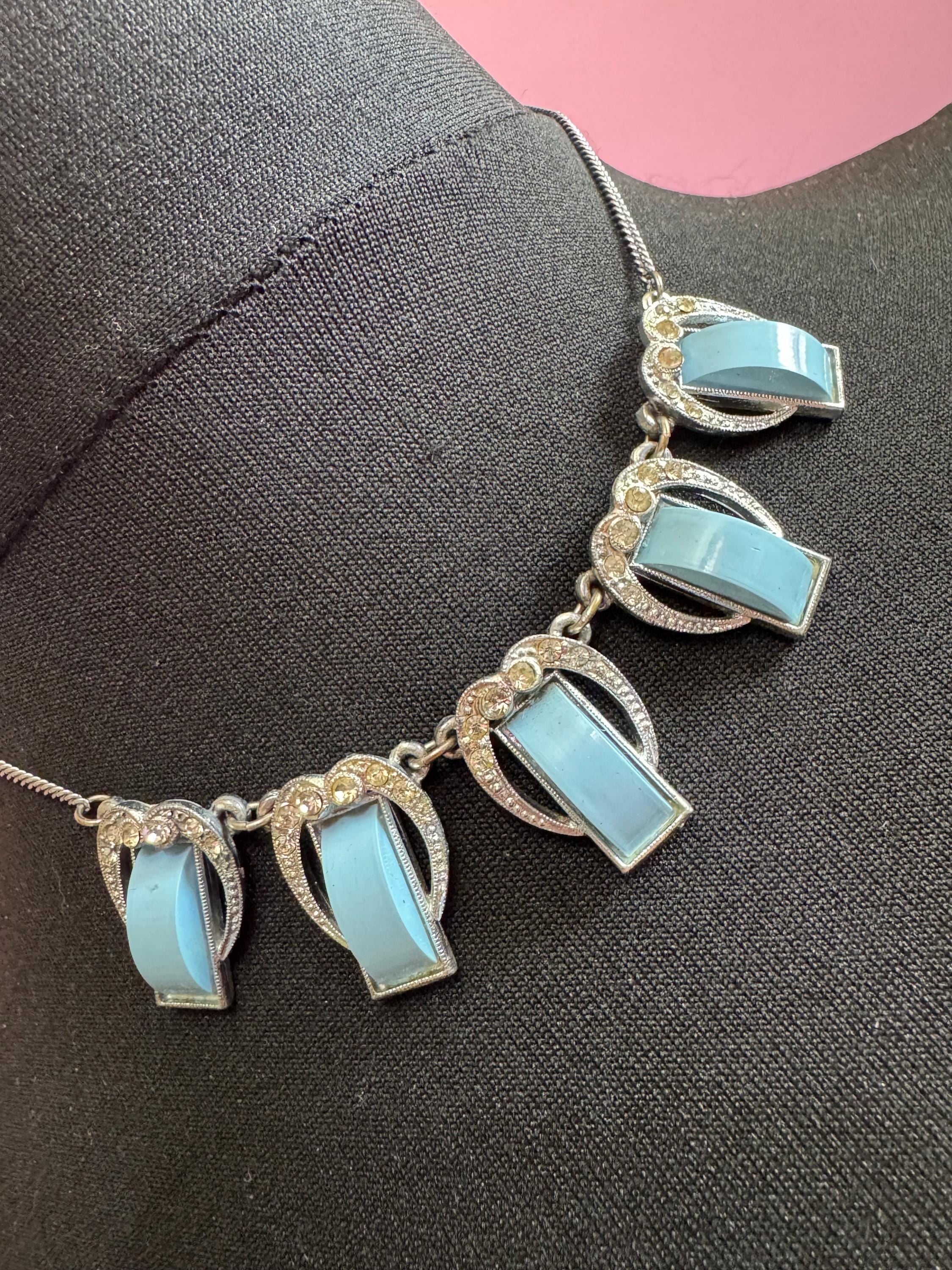 Art Deco Galalith & Rhinestone Panel Link Necklace