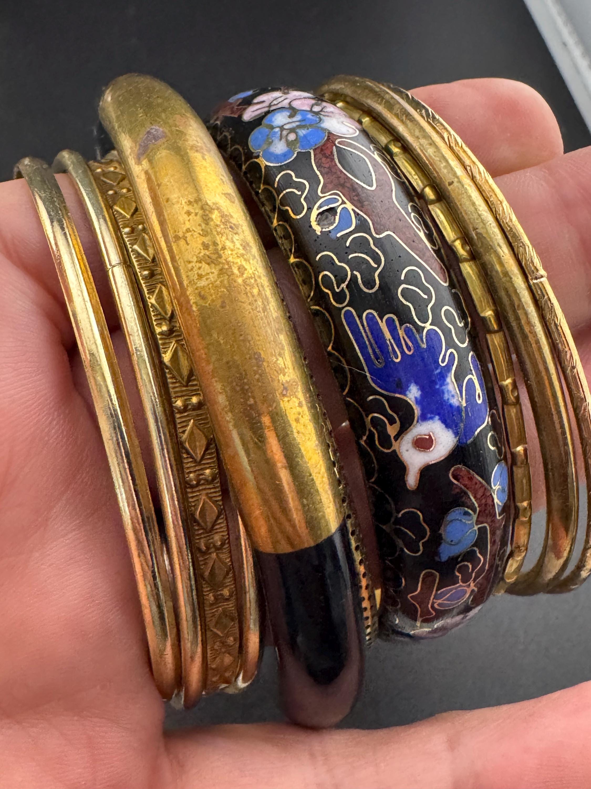 Gold and black tones vintage curated set of stacking bangles Bangle stack eastern metal hippy boho festival bracelets