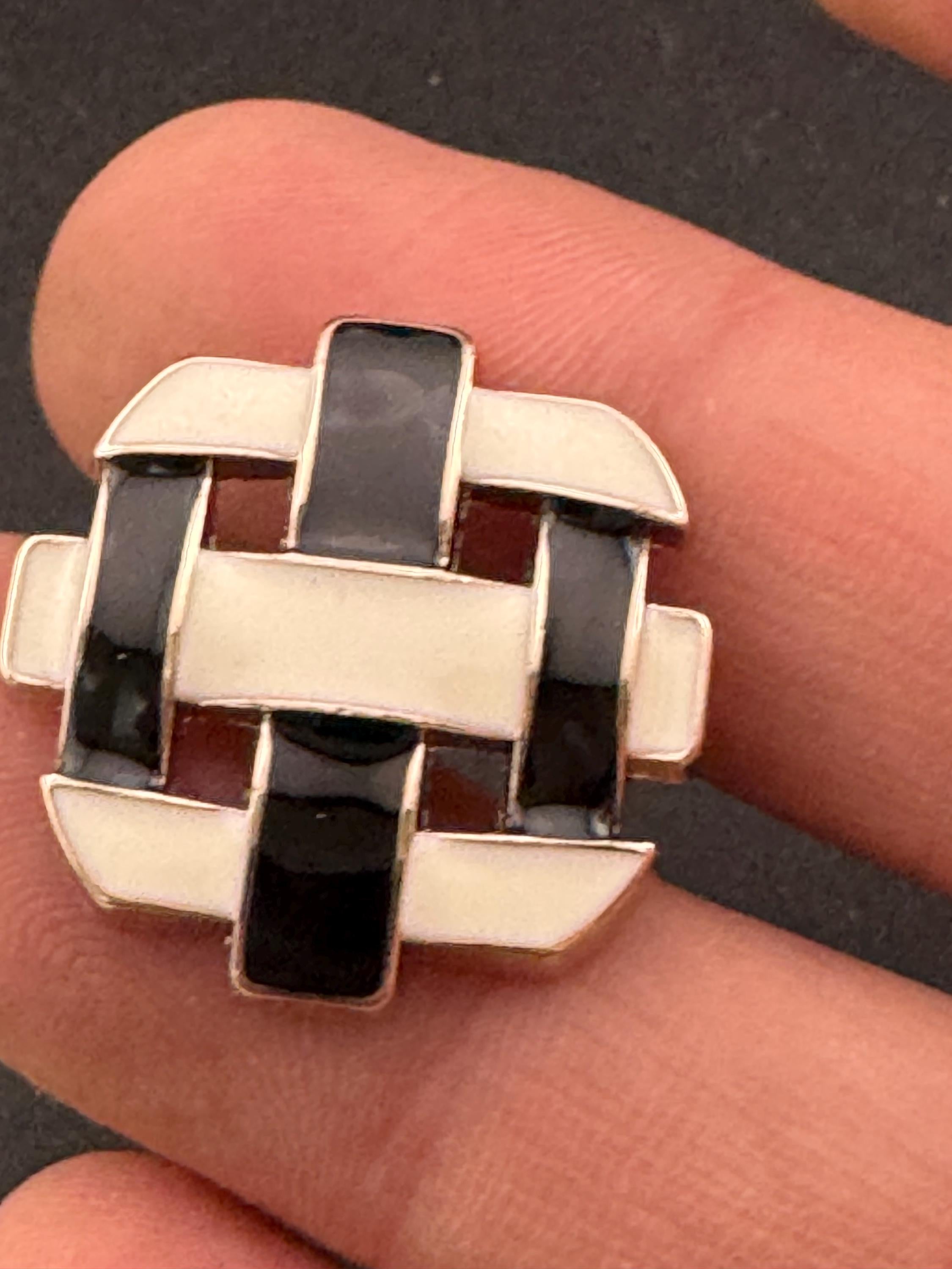 5 Black and White Woven Enamel Buttons, Silver Tone (24mm)
