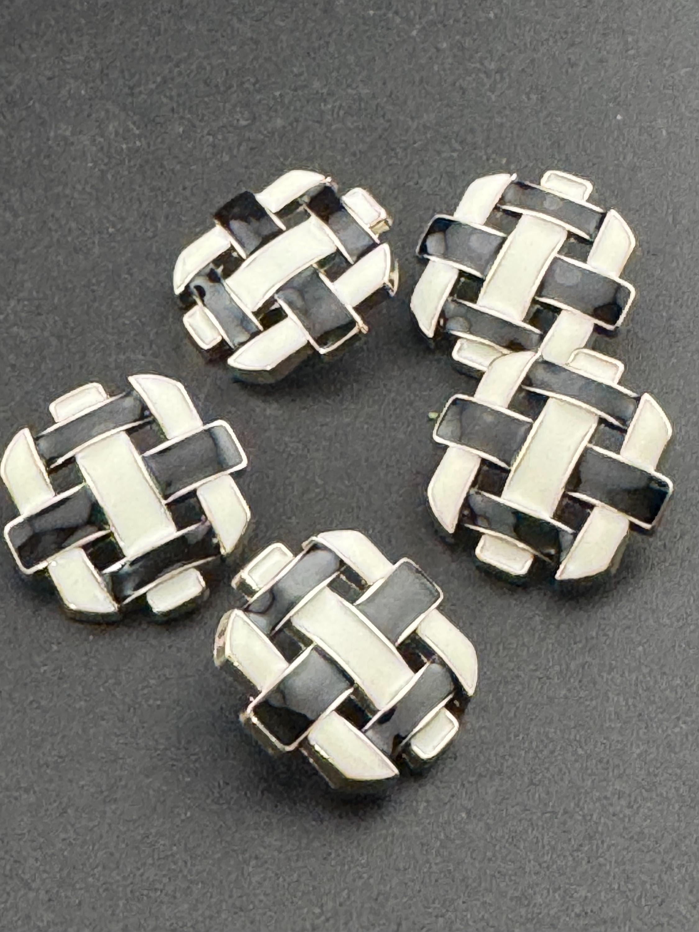 5 Black and White Woven Enamel Buttons, Silver Tone (24mm)