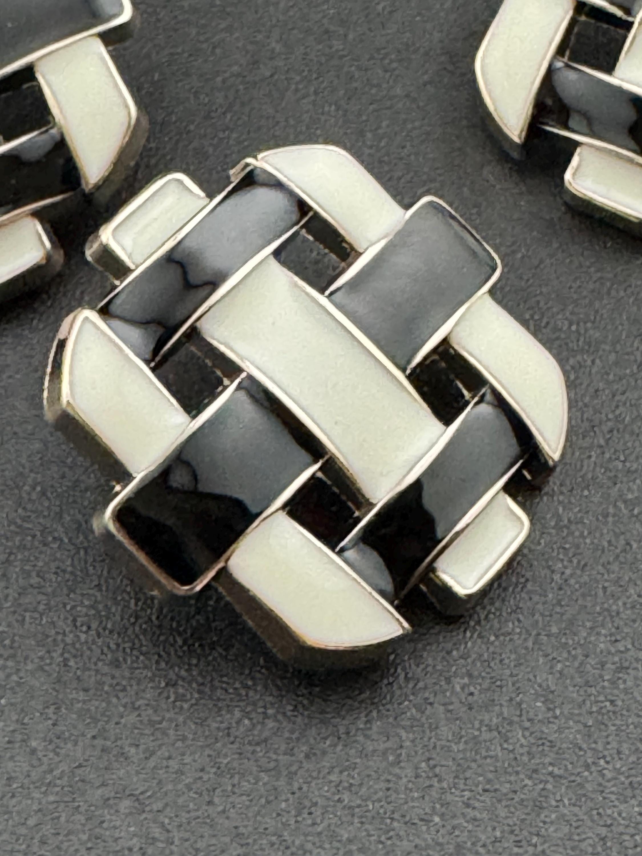 5 Black and White Woven Enamel Buttons, Silver Tone (24mm)