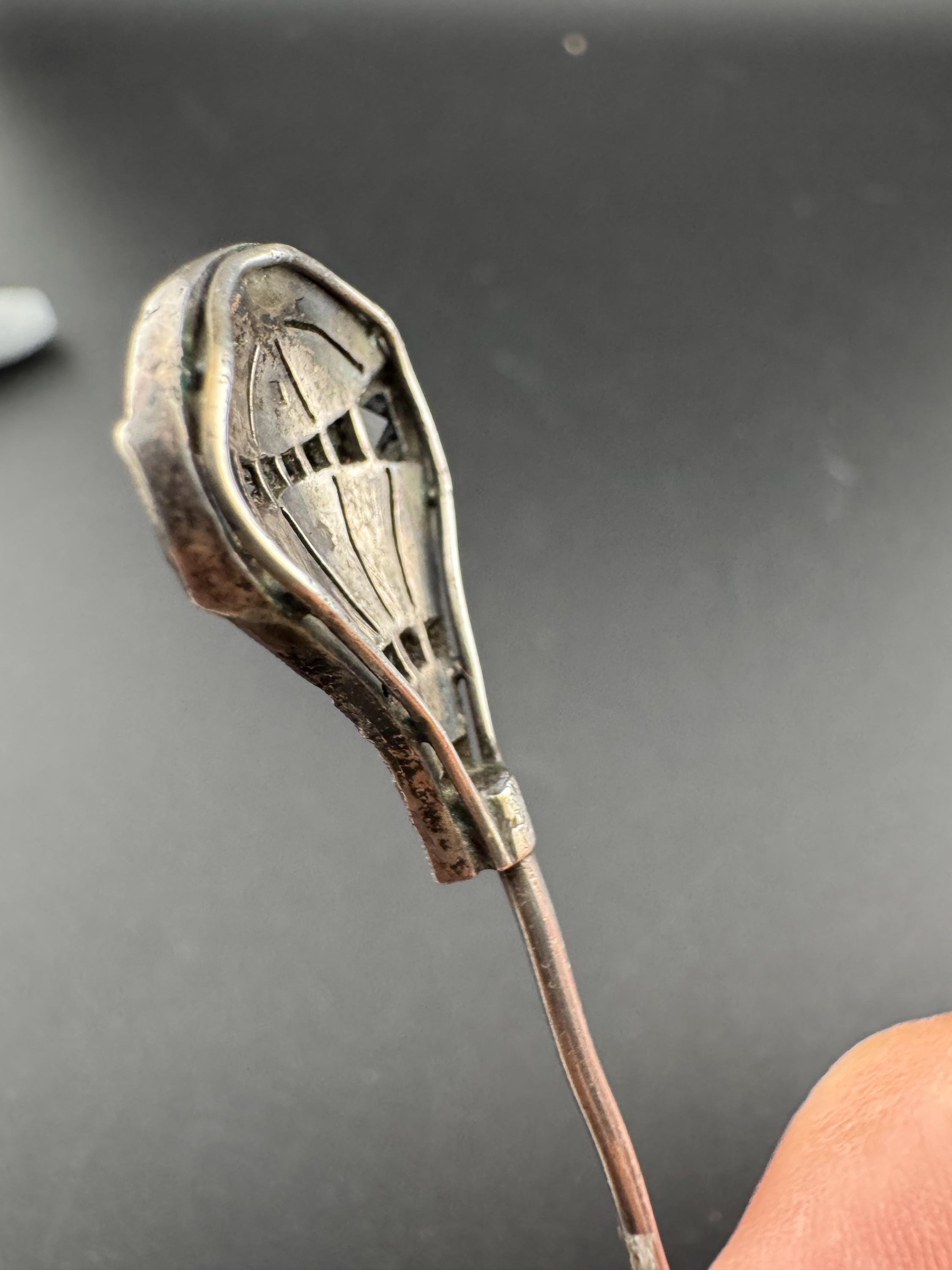 Novelty hot air balloon Sterling Silver Antique clear and black gem set stick pin note 2 missing