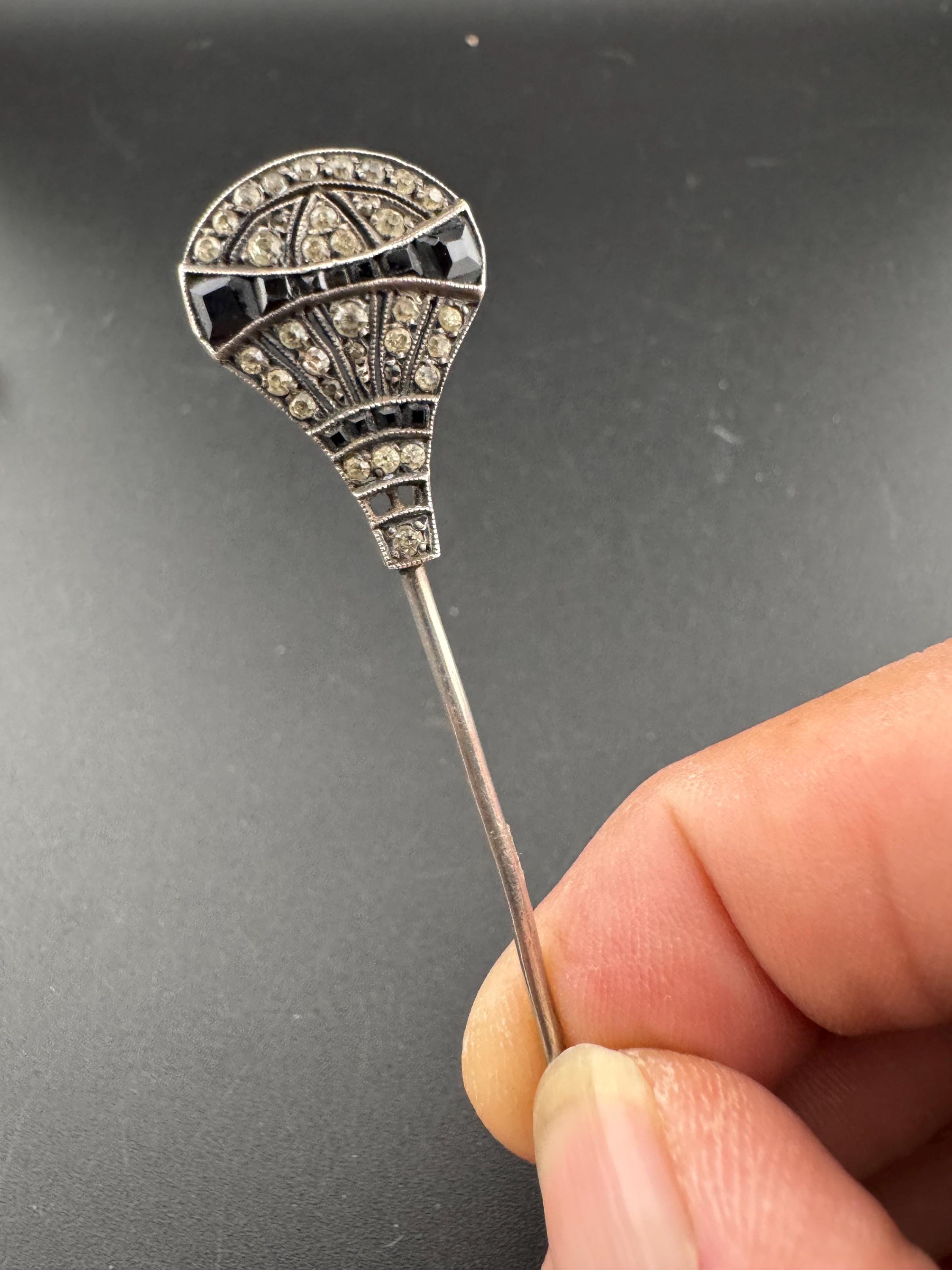 Novelty hot air balloon Sterling Silver Antique clear and black gem set stick pin note 2 missing