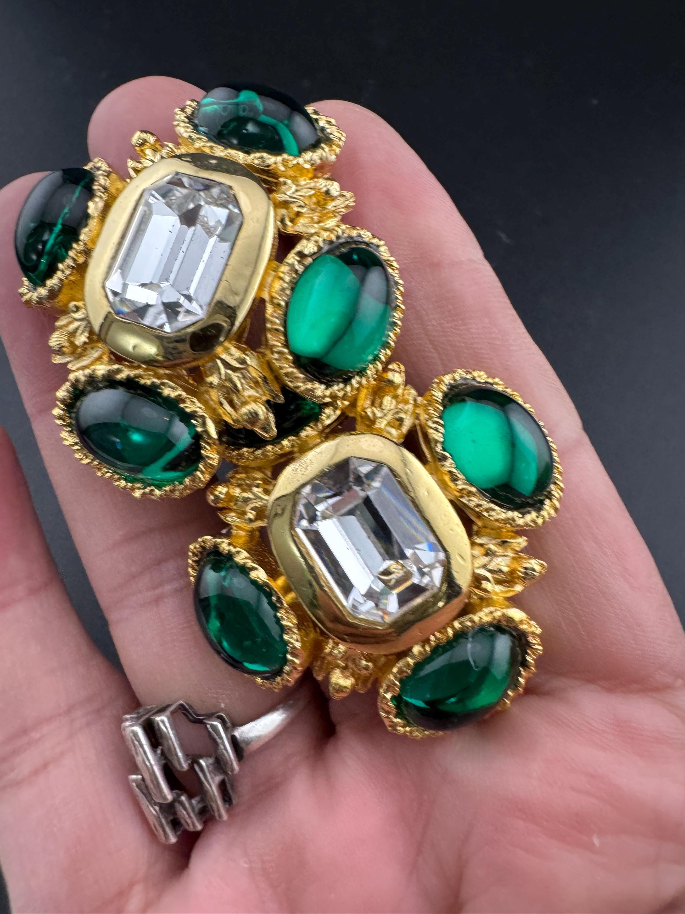 vintage oversized 4cm Gold tone emerald green cabochon and clear Swarovski crystal cross earrings 1980s