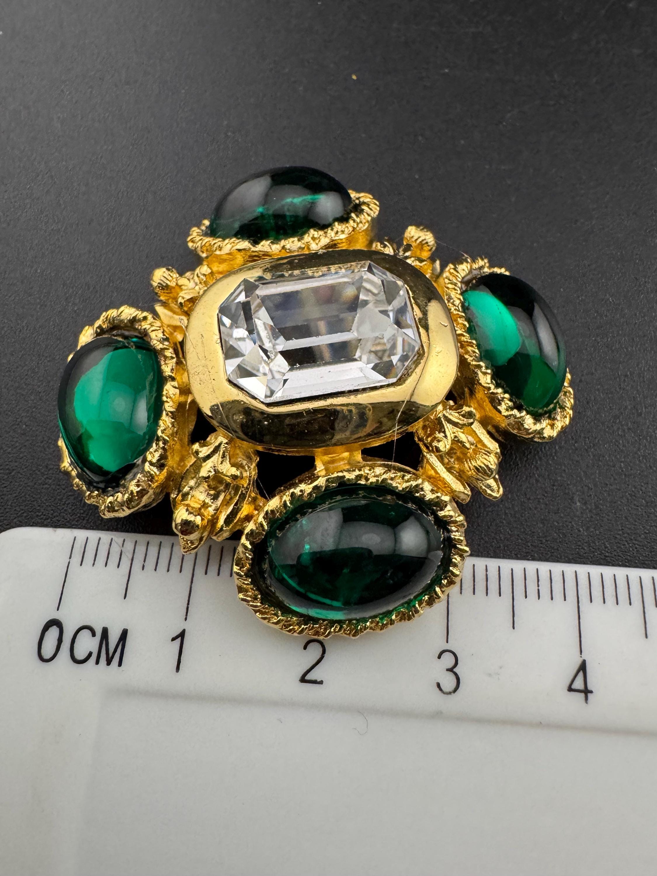 vintage oversized 4cm Gold tone emerald green cabochon and clear Swarovski crystal cross earrings 1980s