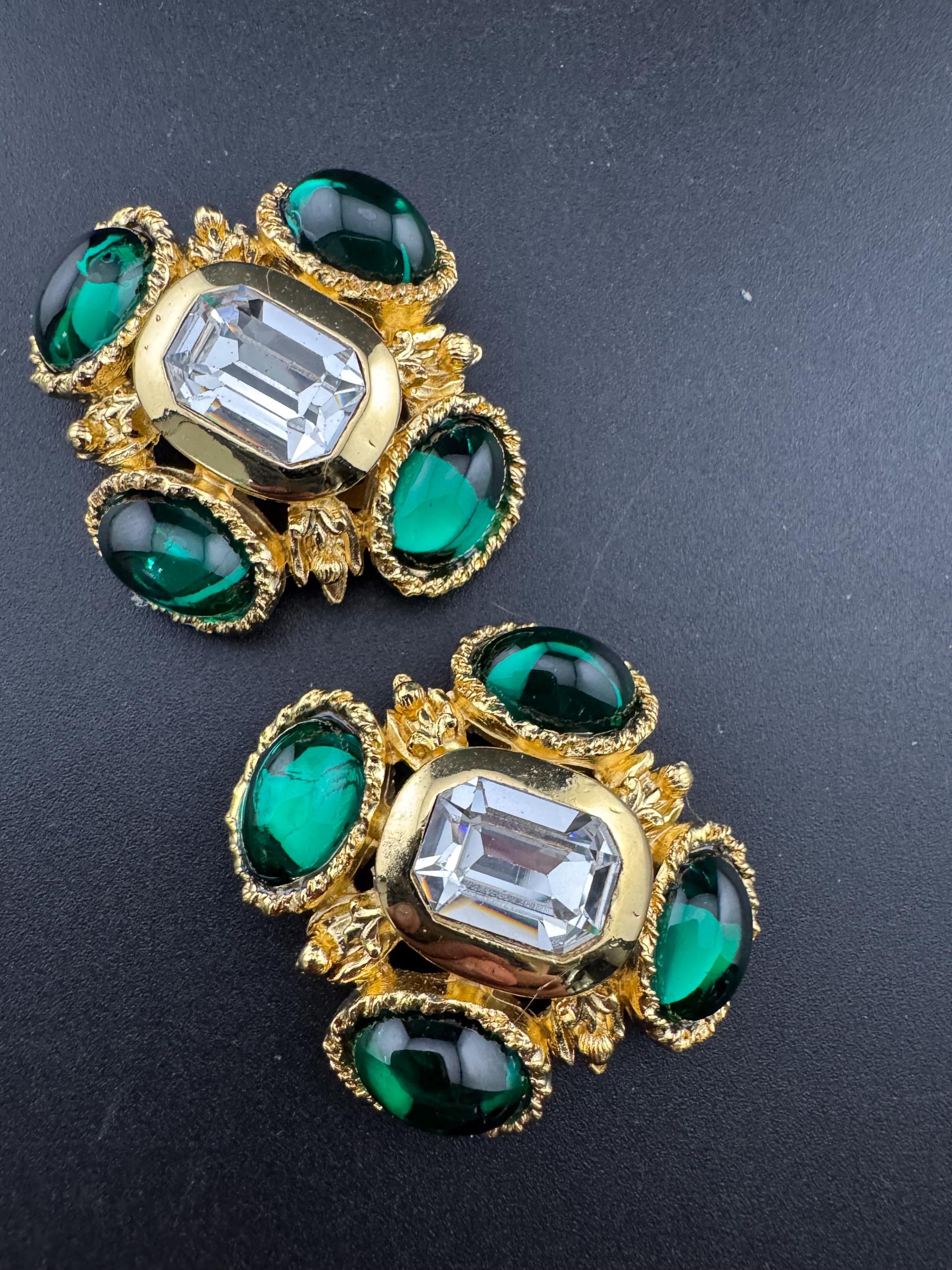 vintage oversized 4cm Gold tone emerald green cabochon and clear Swarovski crystal cross earrings 1980s