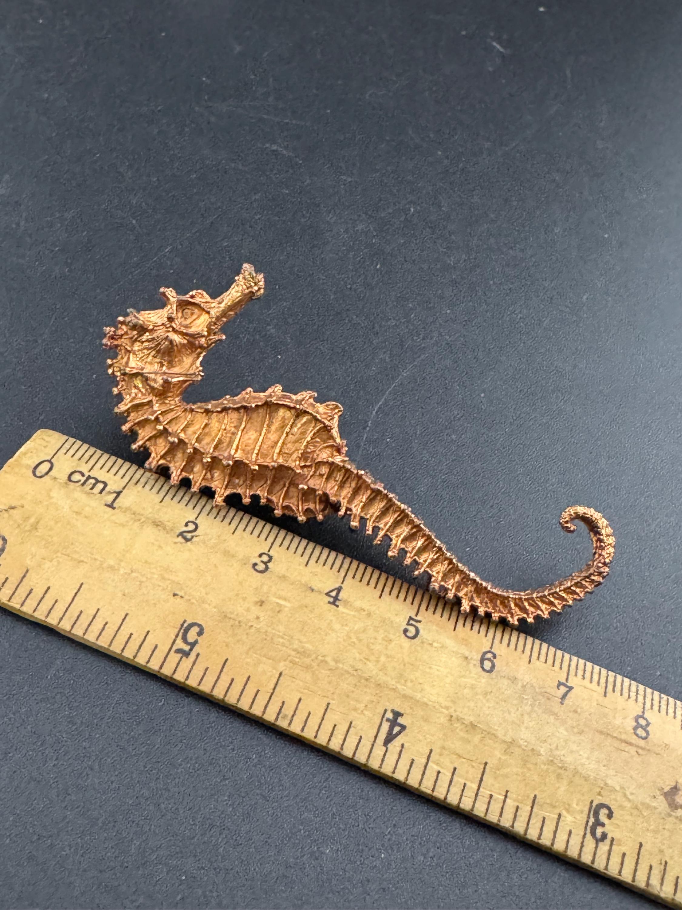Vintage 7cm copper tone highly detailed metal seahorse brooch, nautical marine style