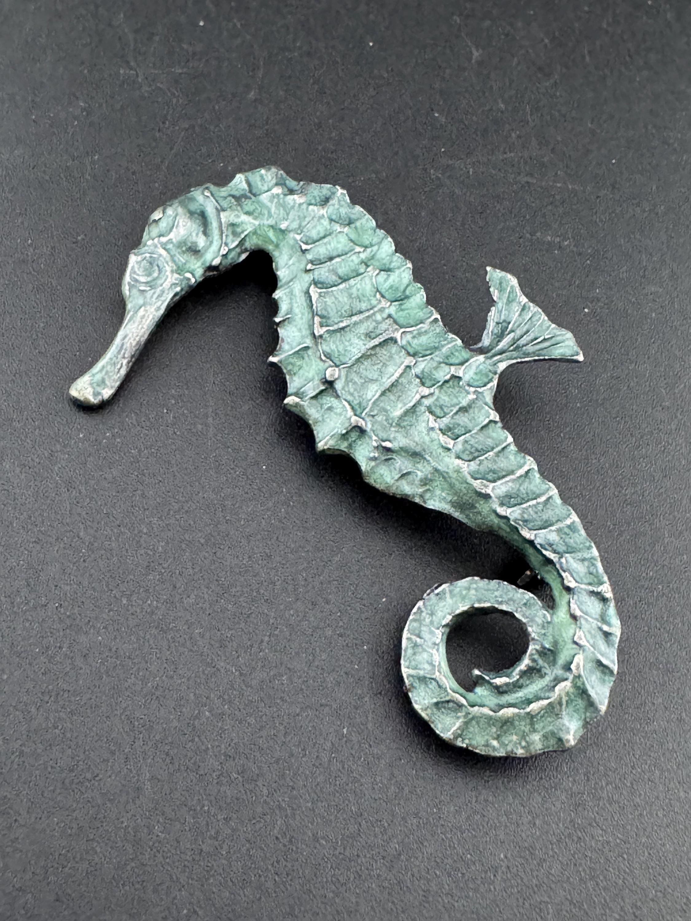 Vintage antique look verdigris green and silver metal seahorse brooch , nautical marine style