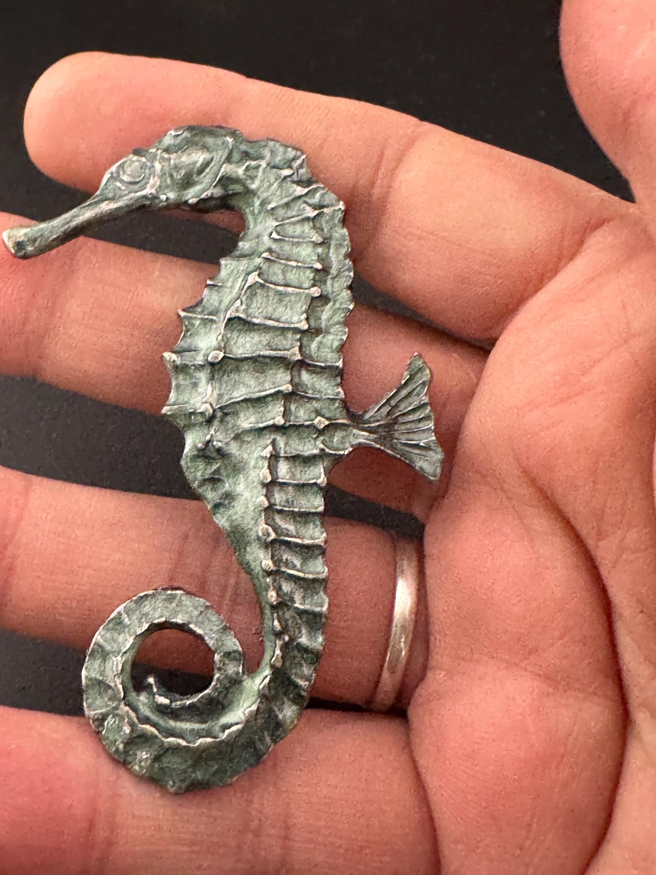 Vintage antique look verdigris green and silver metal seahorse brooch , nautical marine style