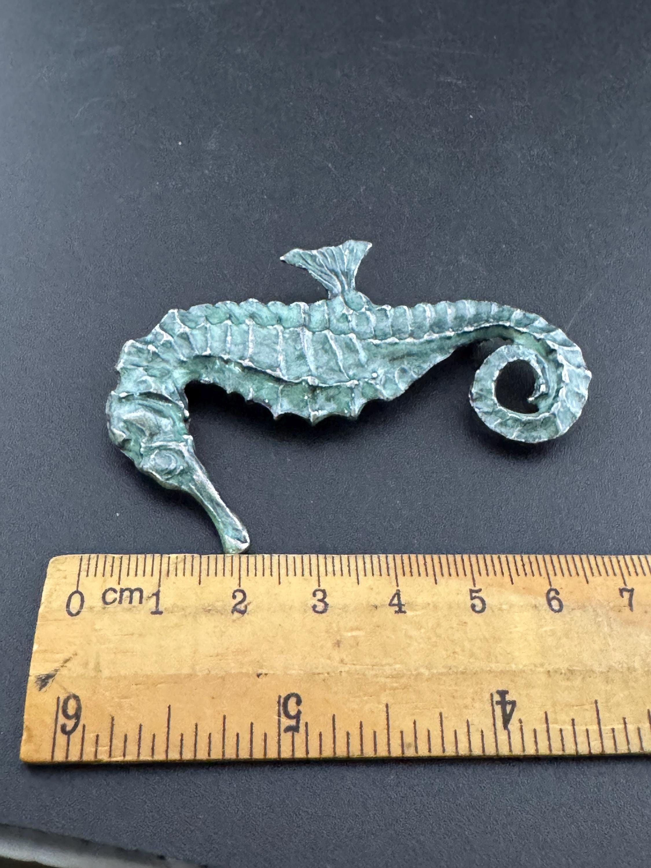 Vintage antique look verdigris green and silver metal seahorse brooch , nautical marine style