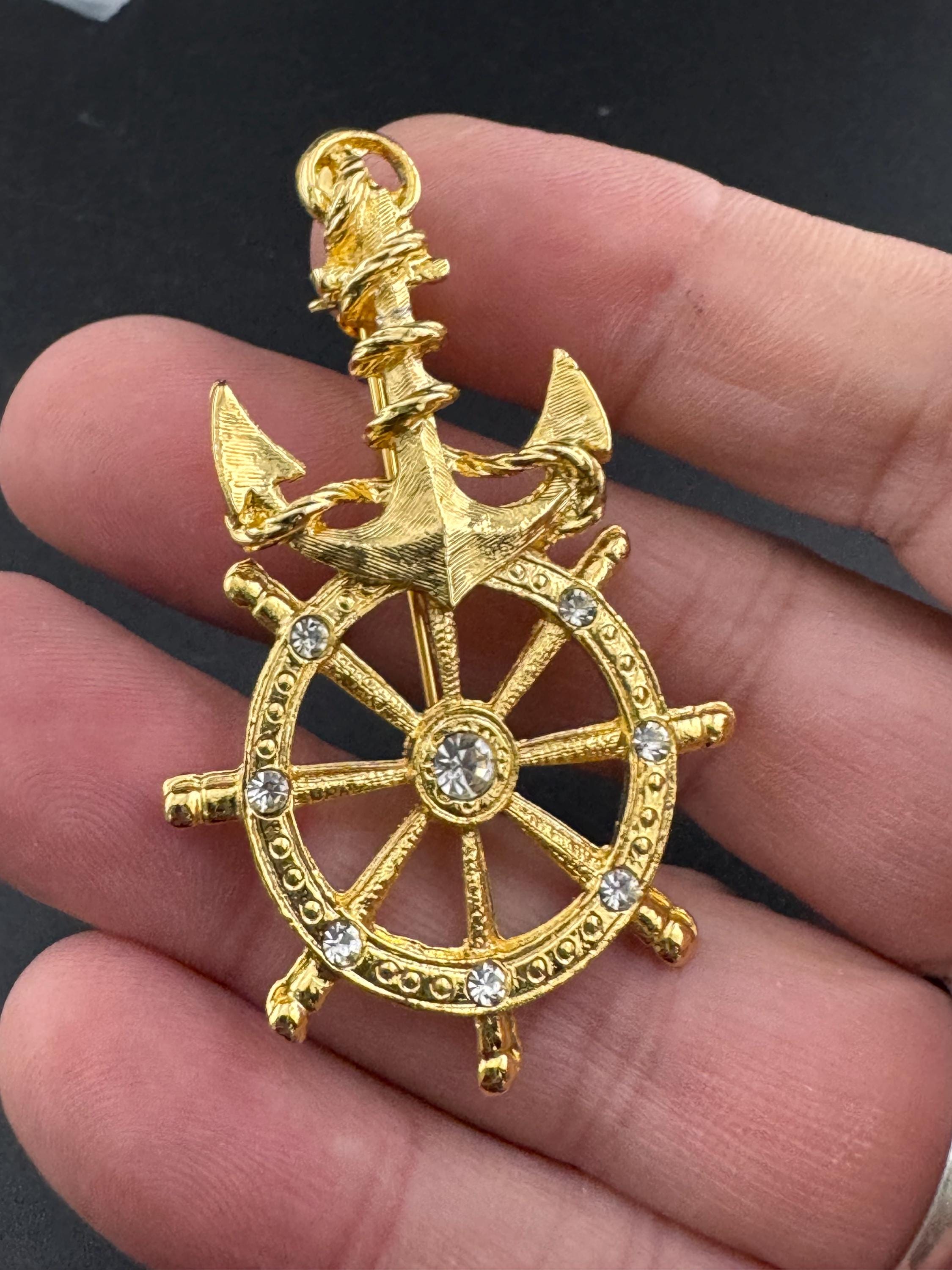 Vintage nautical gold tone clear diamanté crystal ships wheel and anchor Brooch 1980s 1990s seaside seafaring captain ship boat