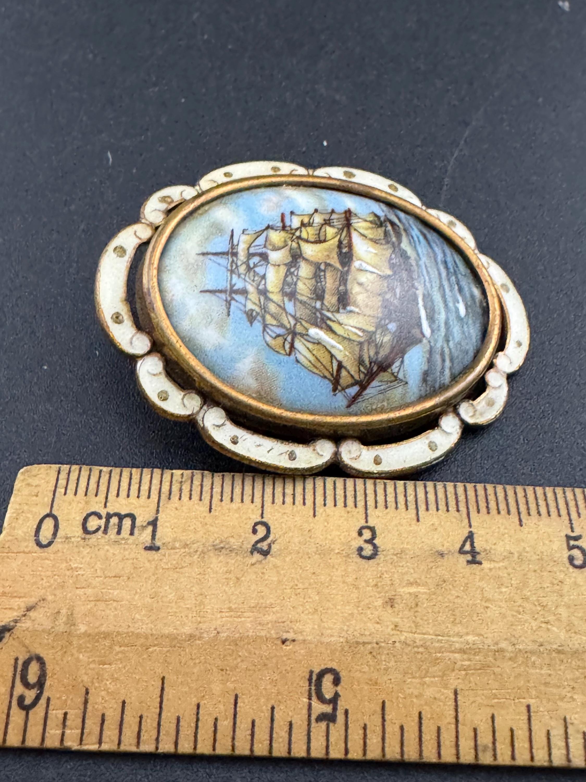 antique enamelled large oval painted sailing ship galleon brooch combination pendant