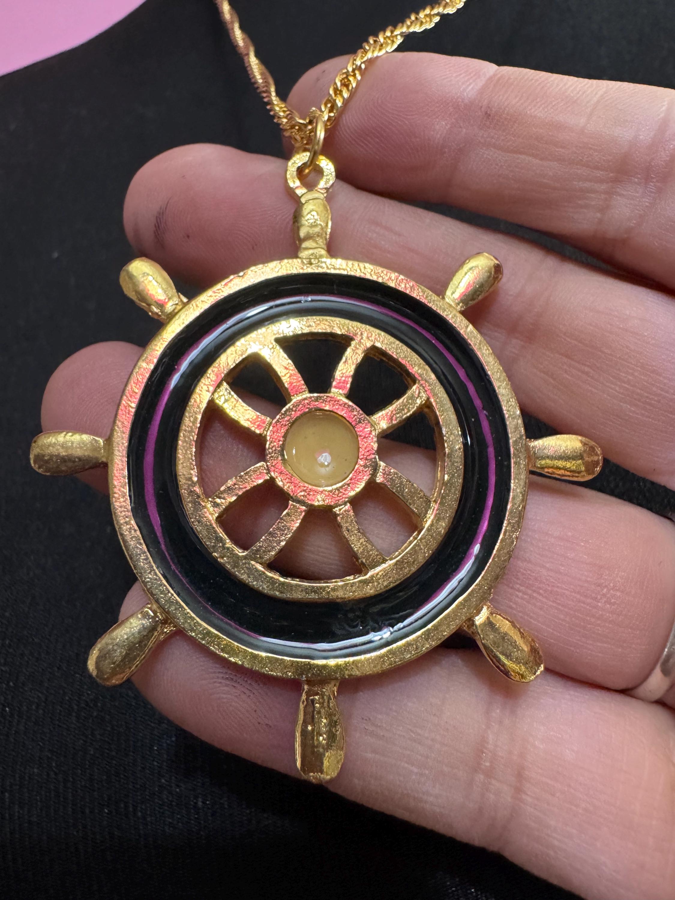 True Vintage navy blue and beige ships wheel nautical pendant necklace on 62cm gold tone chain ideal layering necklace