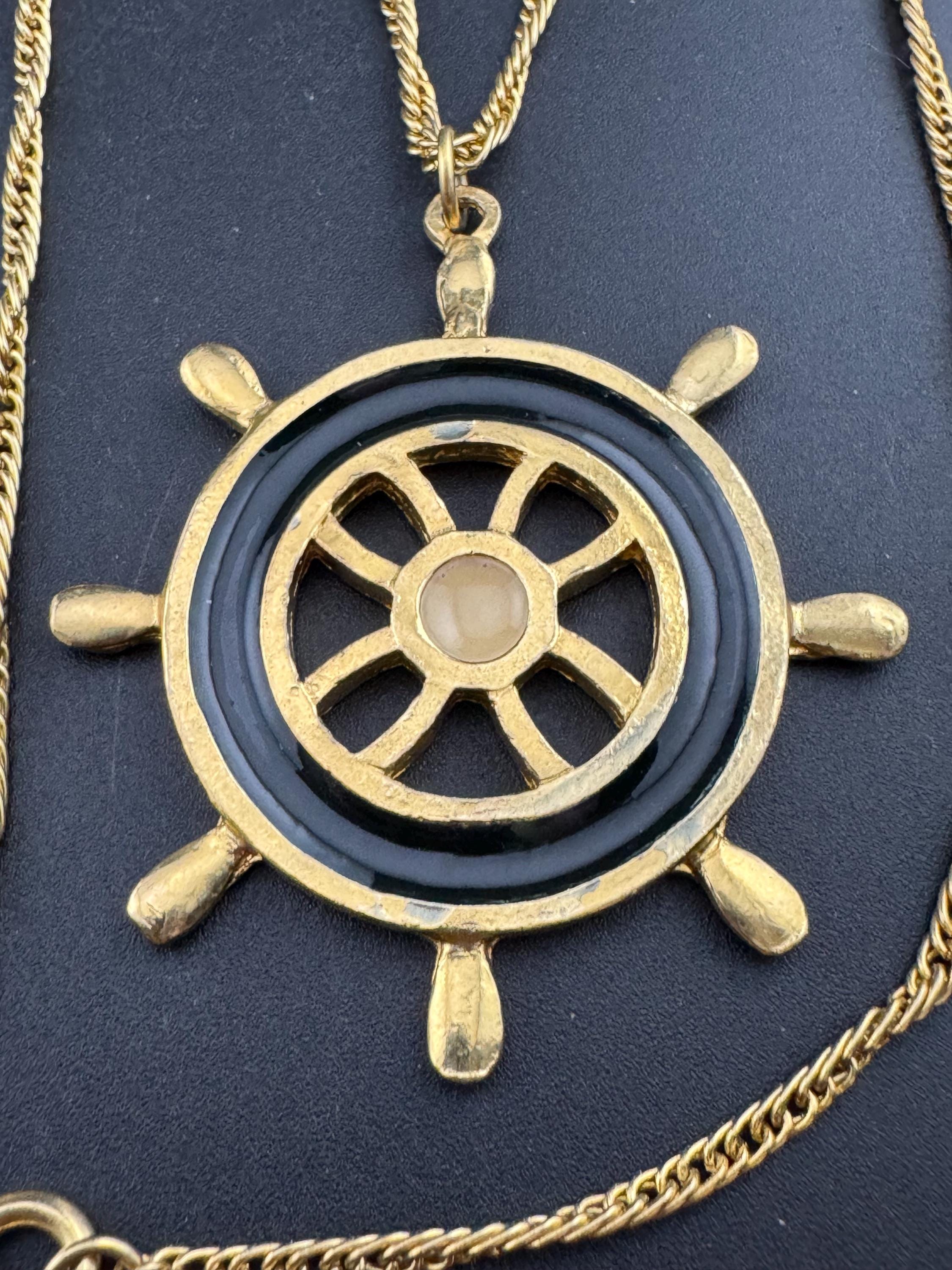 True Vintage navy blue and beige ships wheel nautical pendant necklace on 62cm gold tone chain ideal layering necklace