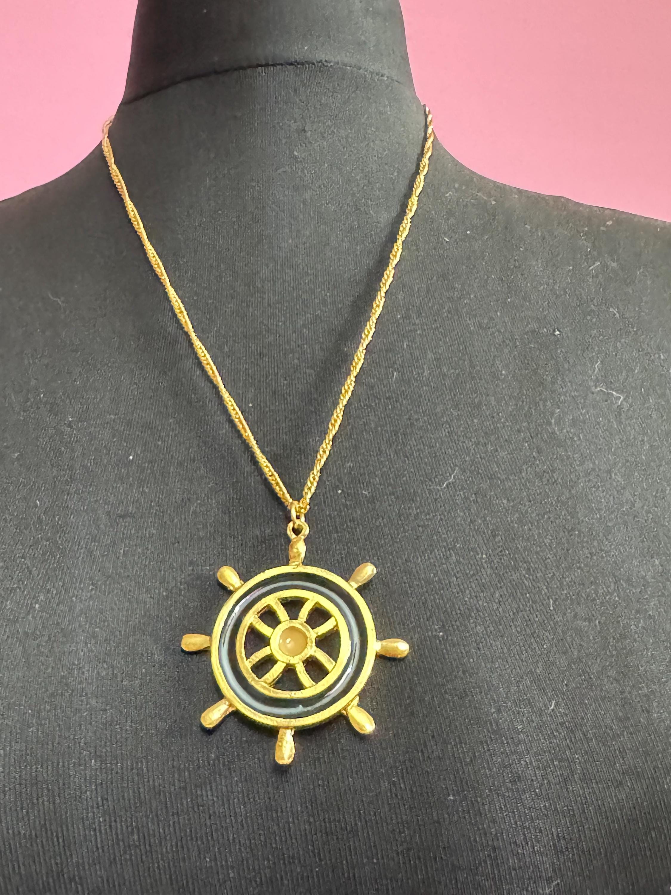 True Vintage navy blue and beige ships wheel nautical pendant necklace on 62cm gold tone chain ideal layering necklace