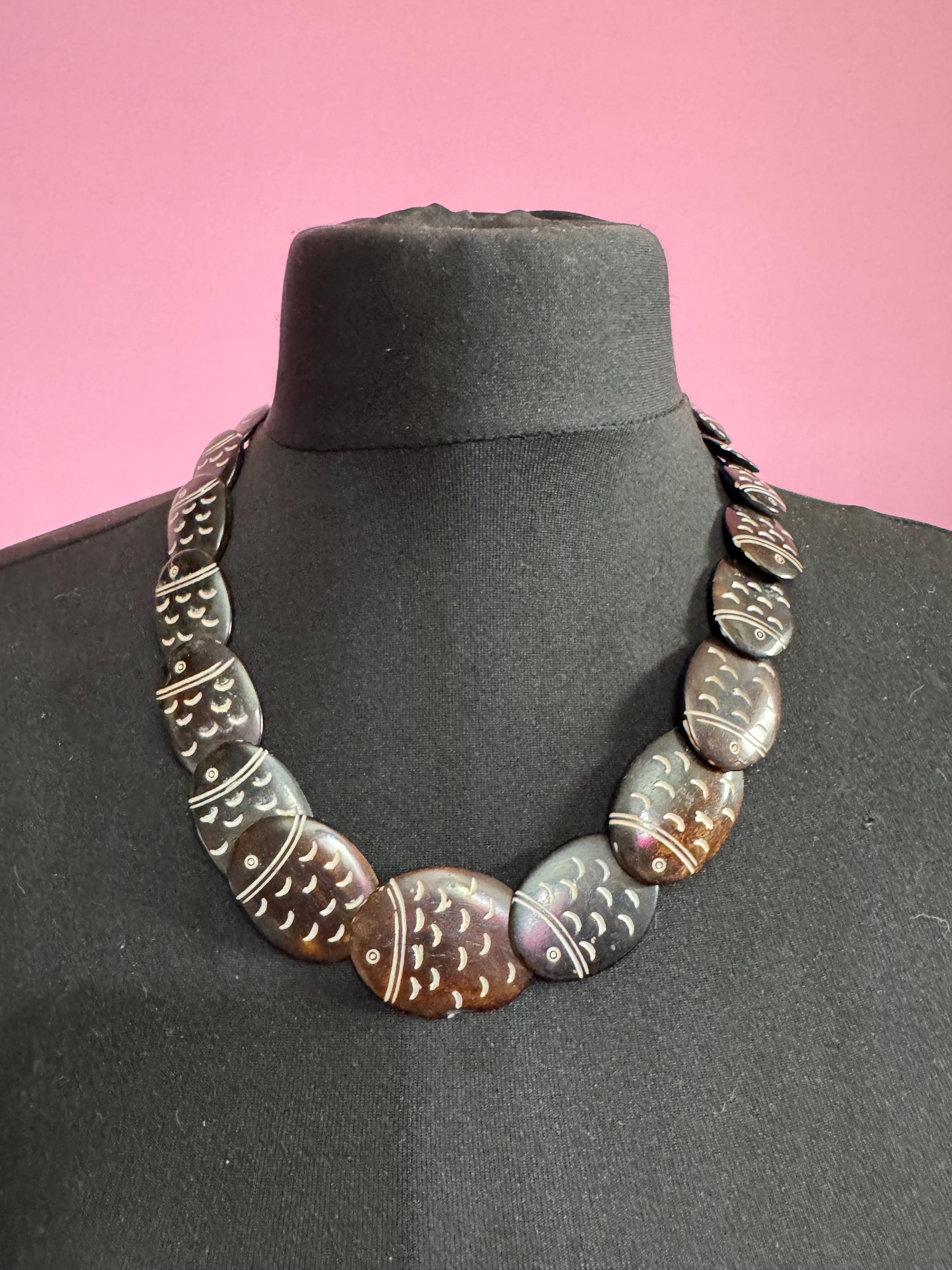 vintage brown soap stone panel link beaded fish design collar necklace 59cm